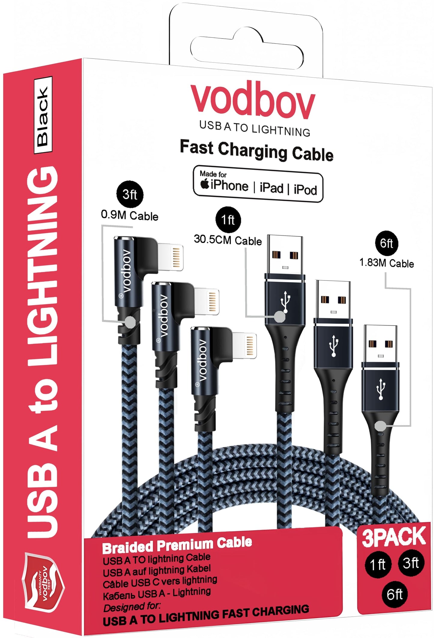 VODBOV iPhone Charger Lightning Cord 3Pack 1FT 3FT 6FT Right Angle MFi Certified Cable Braided USB Charging Wire High Speed Black