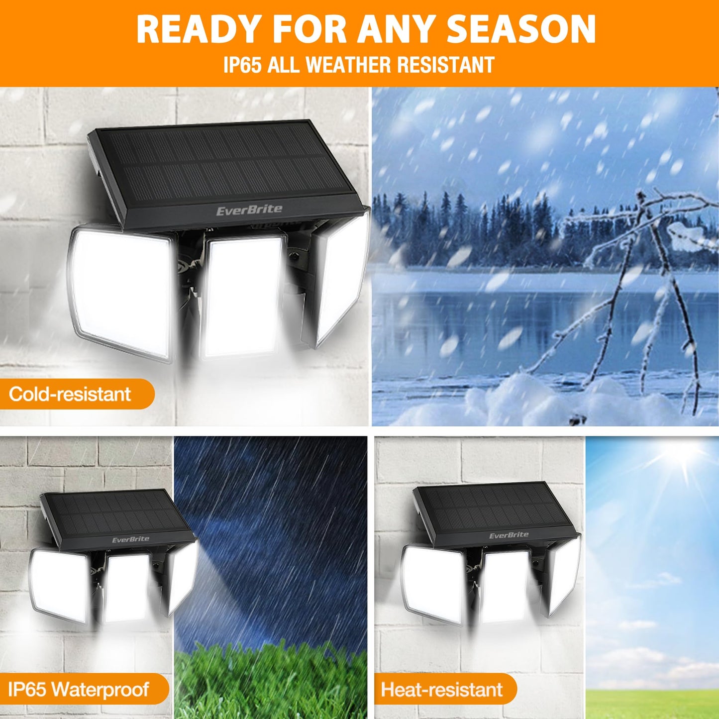 EverBrite Solar Lights Outdoor, 128 LED 7000K Motion Sensor Outdoor Lights, 3 Heads Security LED Floodlights, IP65 Waterproof, 270° Wide Angle Outdoor