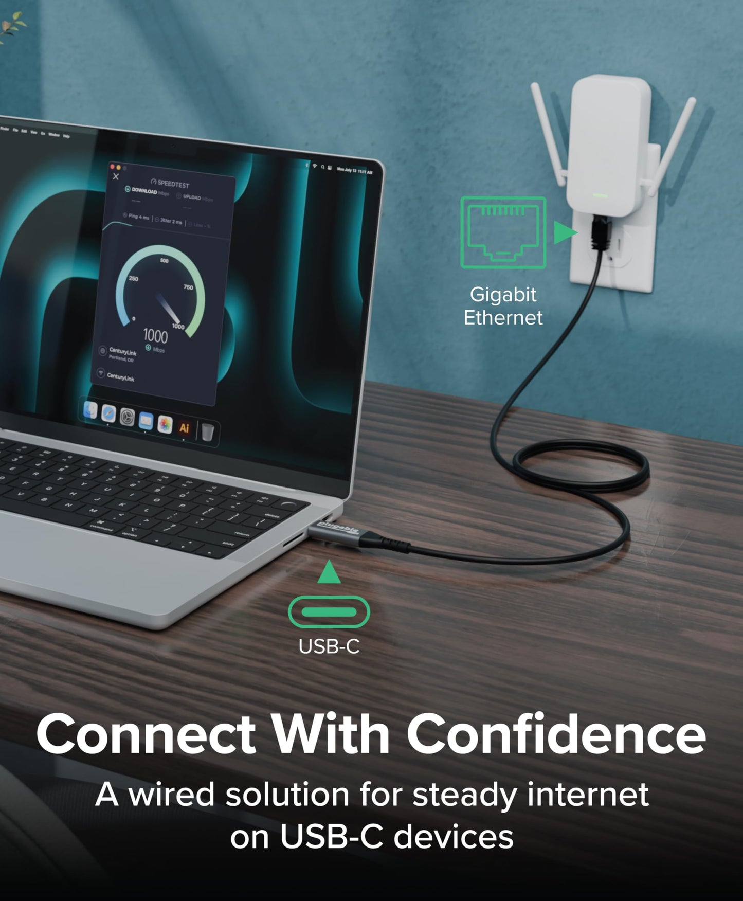 Plugable USB C to Ethernet Cable: USBC to RJ45 Ethernet Cord, Directly Connected LAN Gigabit Network Adapter for MacBook Pro, iPad Pro, iPhone 15/16