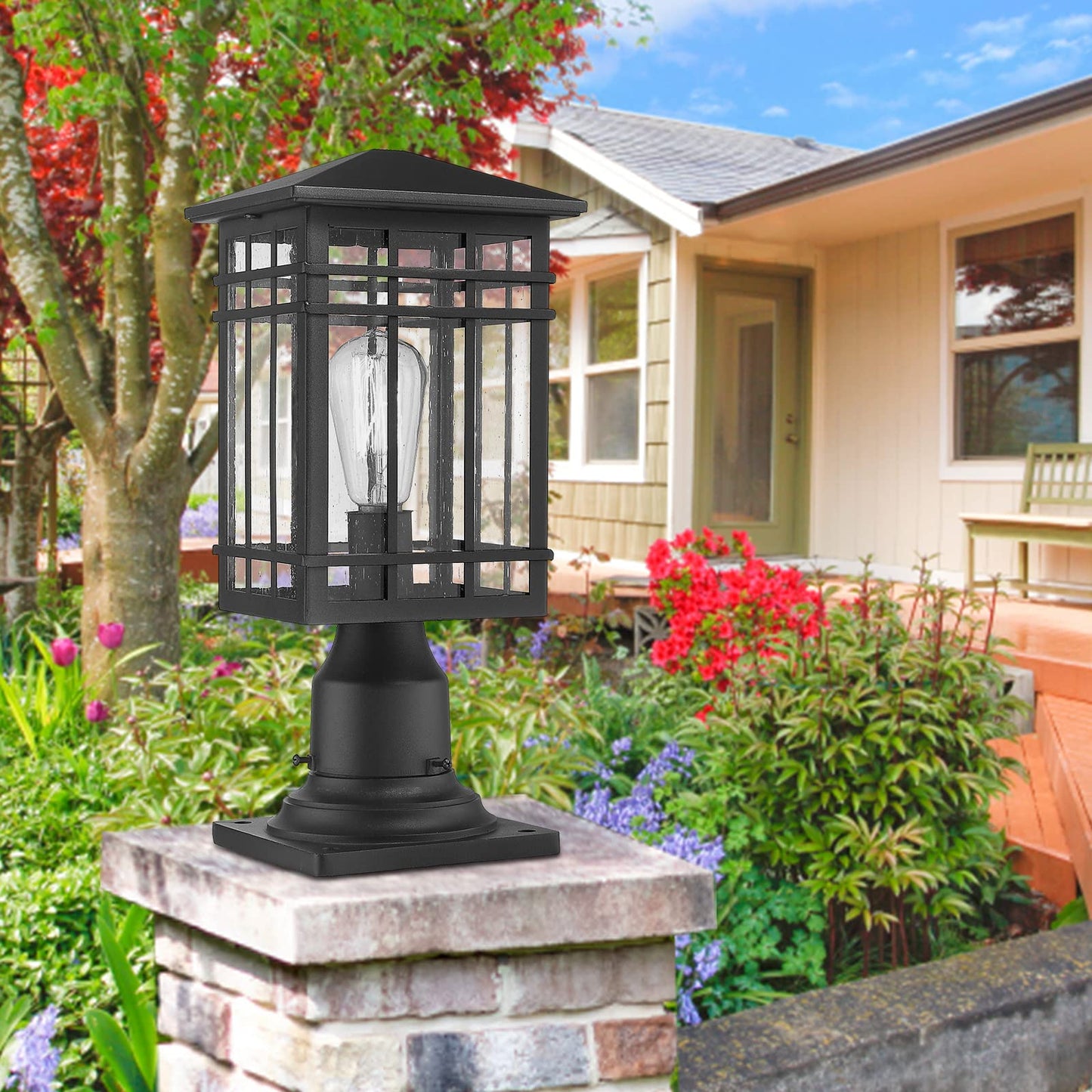 Rosient Outdoor Post Lights Fixture - Exterior Post Lantern with Seeded Glass in Black Finish - Pillar Light Ideal for Patio, Pathway, and Driveway