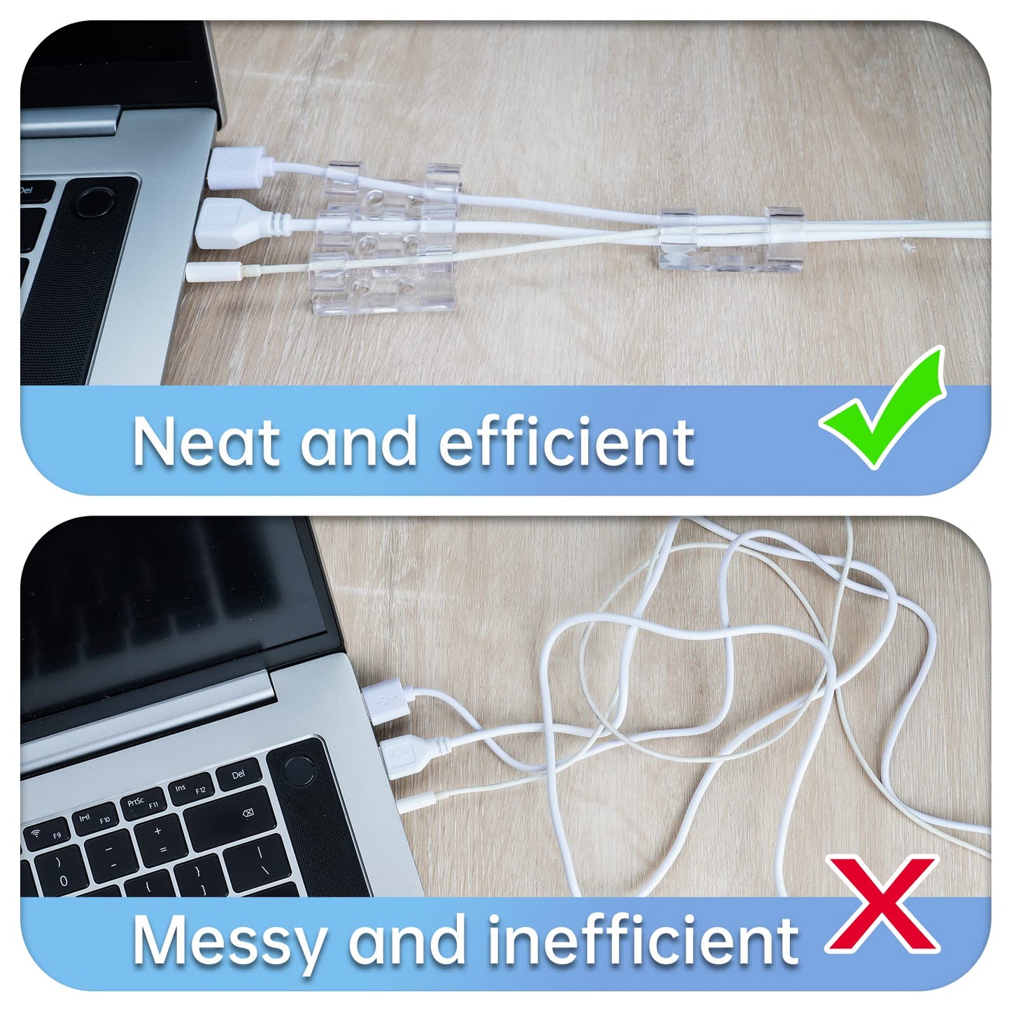 50 Pcs Heavy Duty Cable Clips Transparent with 100 Screws, Attom Tech Clear Self-Adhesive Cable Organizer Cord Management System, Clear Desktop Cable