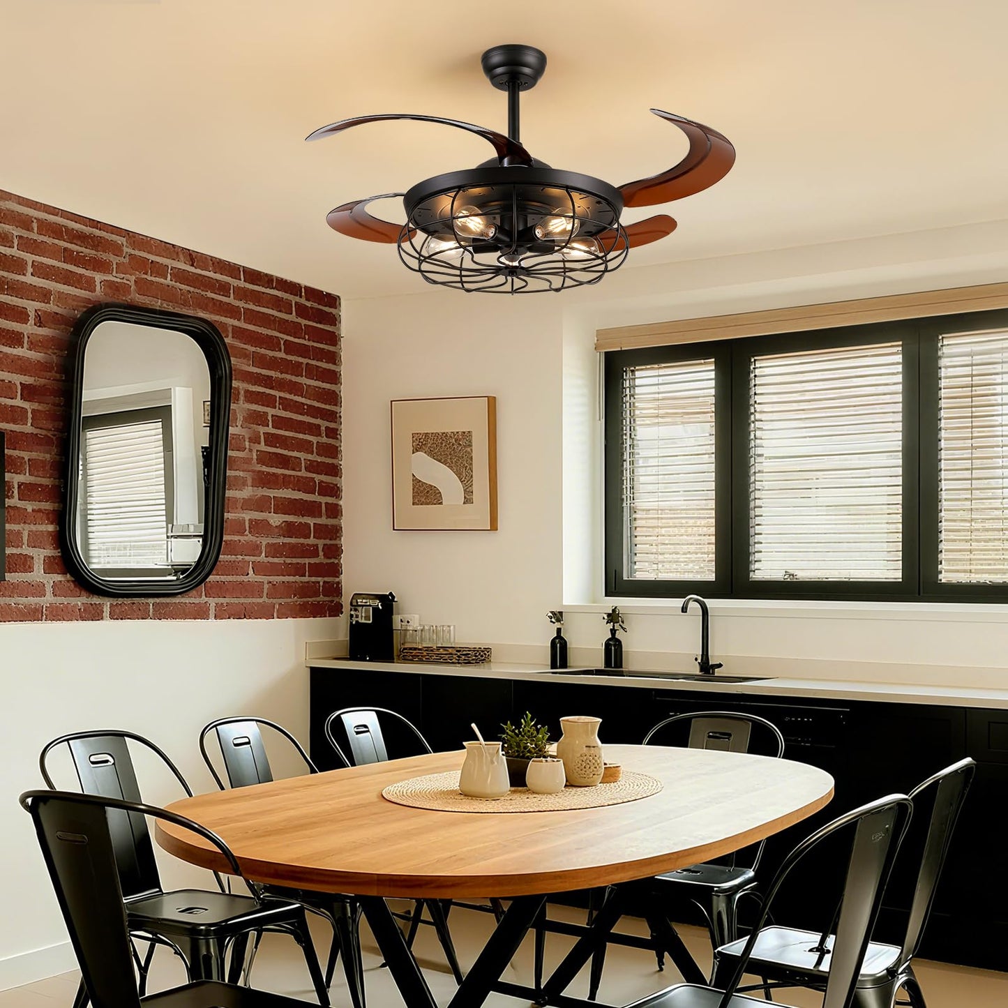 MOOONICHE 48" Industrial Caged Ceiling Fan with Light and Remote, Vintage Retractable Blades Ceiling Fan with Lights, Farmhouse Black Fandelier