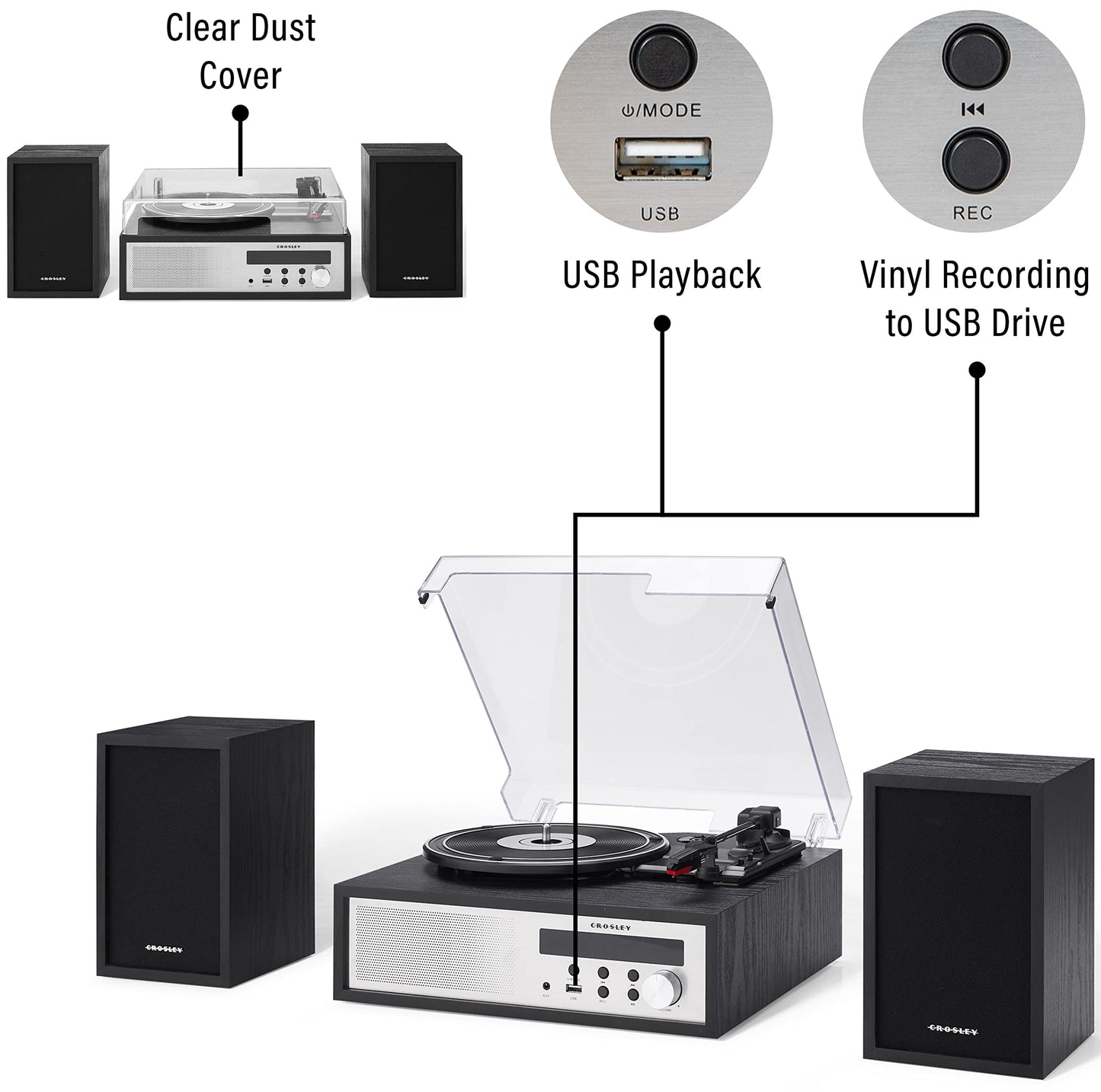 Crosley CR7022A-BK Sloane 3-Speed Bluetooth Turntable and FM Radio Shelf System with Matching Stereo Speakers, Black