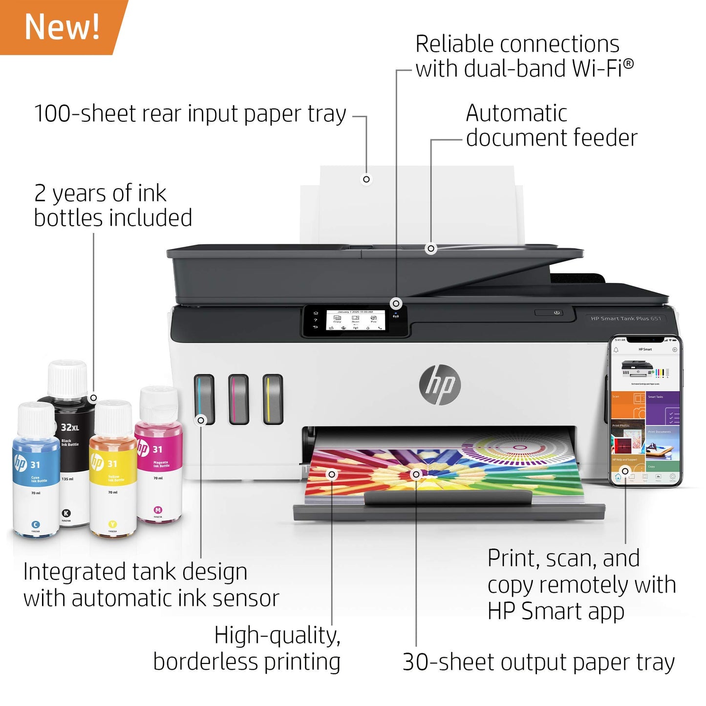 HP Smart -Tank Plus 651 Wireless All-in-One Ink -Tank Printer | up to 2 Years of Ink in Bottles | Auto Document Feeder | Mobile Print, Scan, Copy