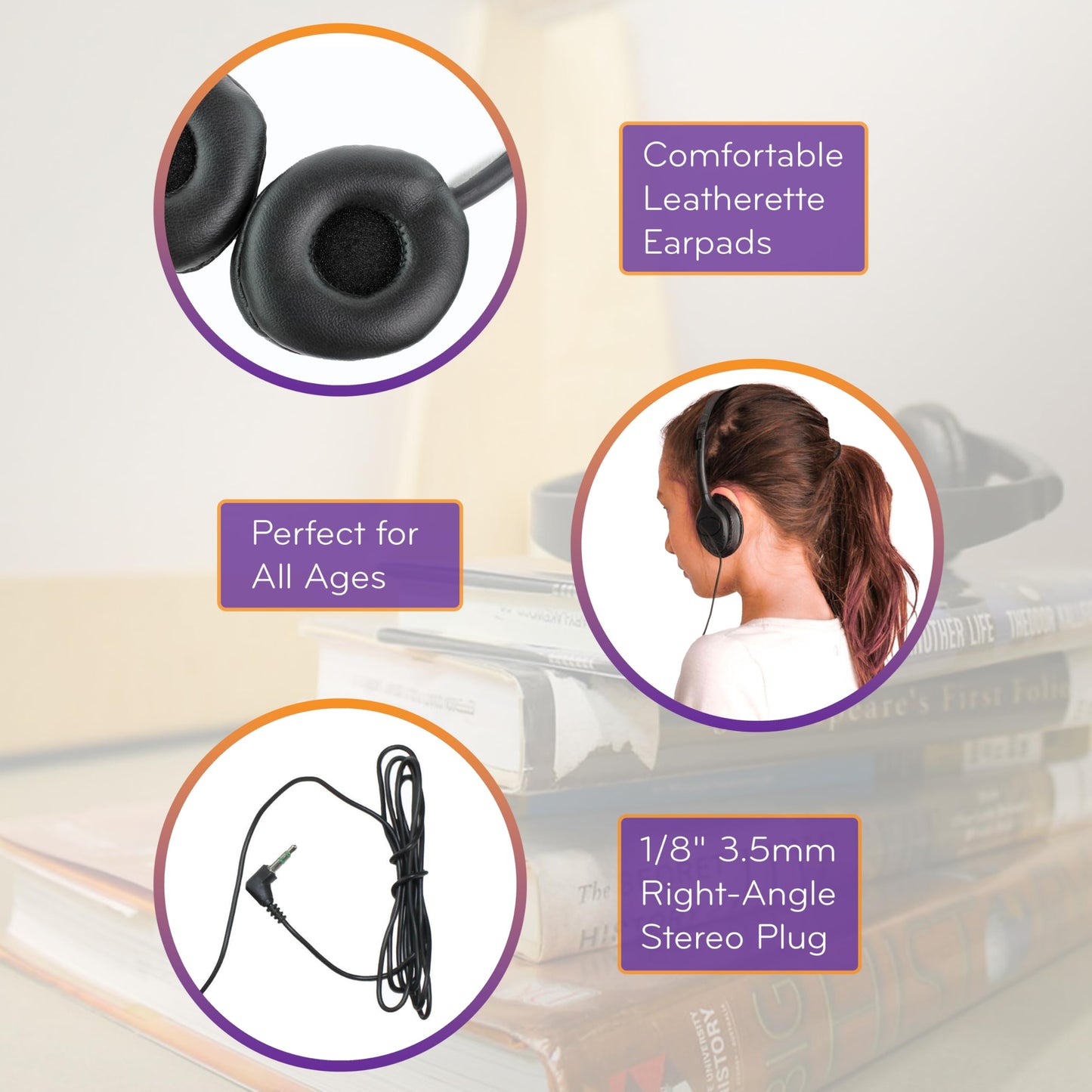 Soundnetic SN313 Bulk Classroom Headphones 100 Pack - Over The Head Stereo Headphones with Leatherette Earpads, Black - Ideal for Schools