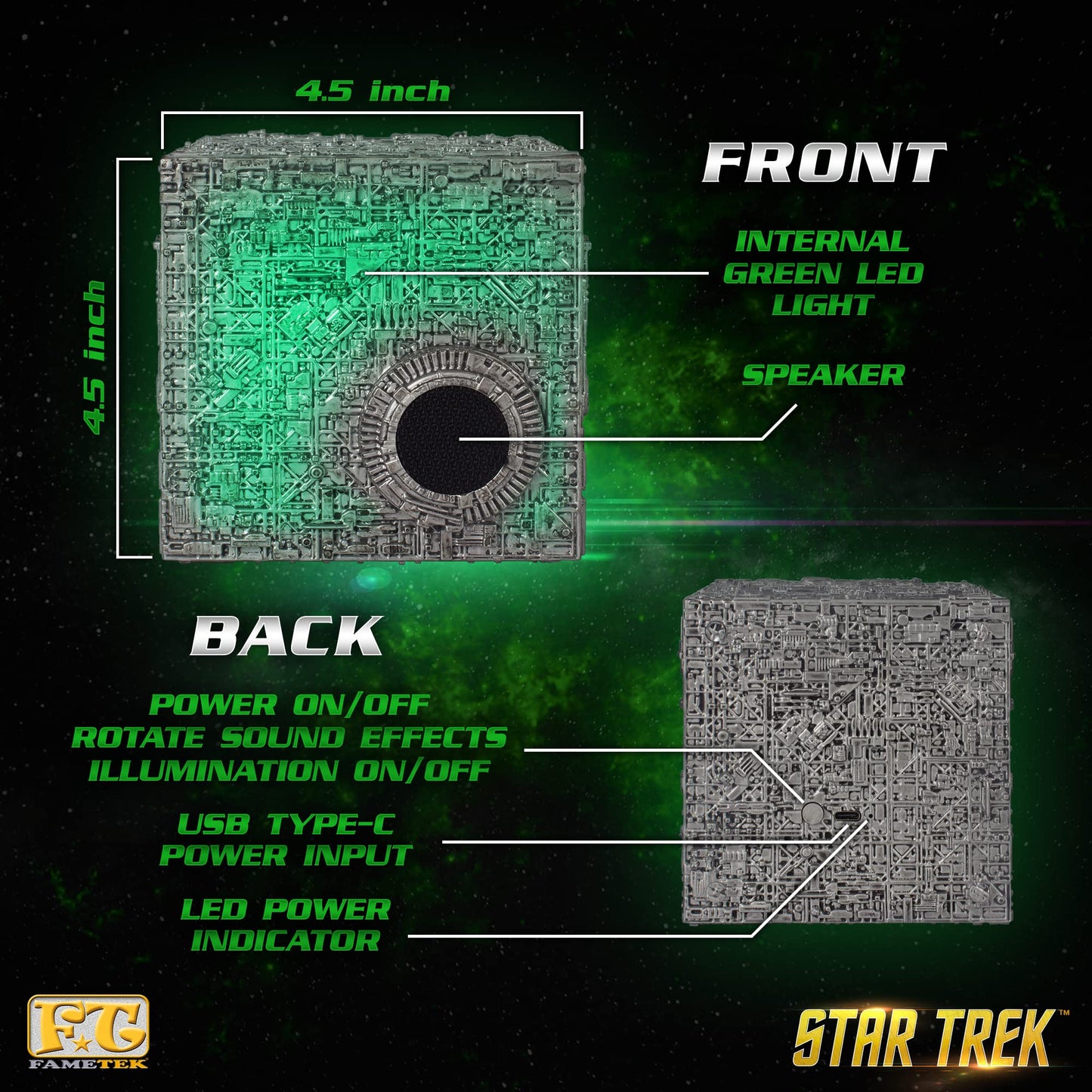 Star Trek Borg Cube Bluetooth Speaker with Green Illumination, Sound Effects & Borg Quotes - Memorabilia, Gifts, Gadgets, Collectibles for Star Trek