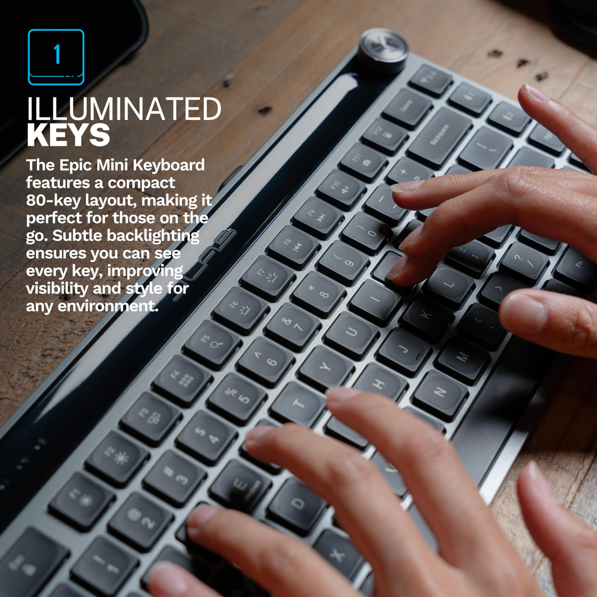 JLab Epic Mini Wireless Keyboard, Bluetooth or USB dongle, Multi-Device, Media knob, Backlit, Black