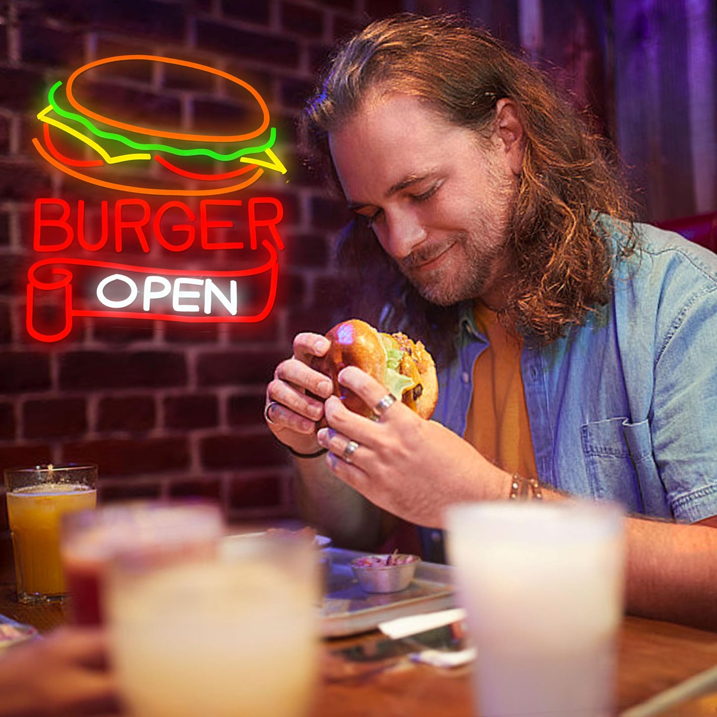 BNEMCEZH Burger Open Neon Sign Dimmable Delicious Hamburger LED Light Sign for Wall Decor USB Powered Business Fast Food Open Light up Sign