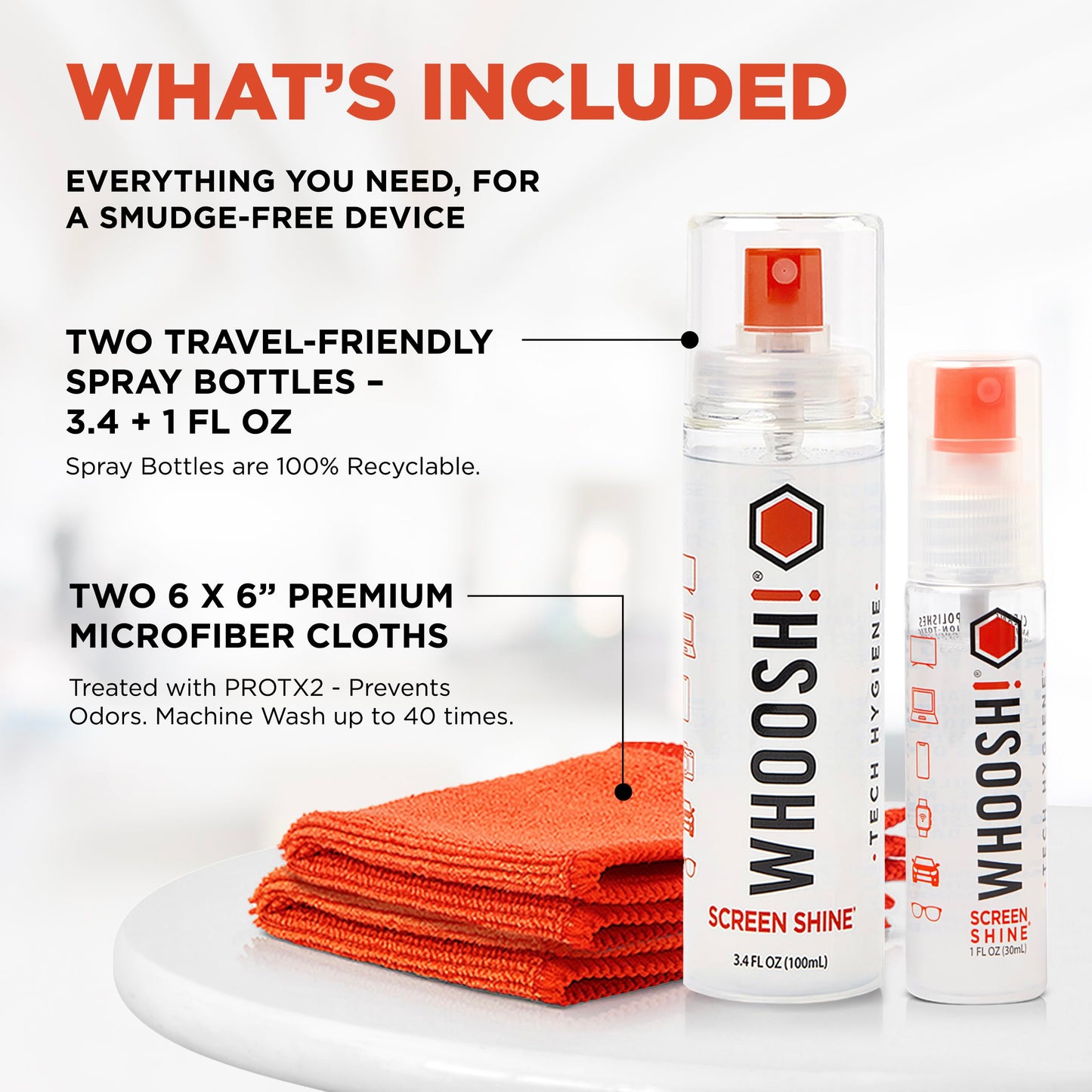 WHOOSH! Screen Shine Duo XL - Screen Cleaner Spray and Wipe for Eyeglasses, Phone & Laptop - Removes Fingerprints - Includes 3.4 oz + 1 oz Leak-Free