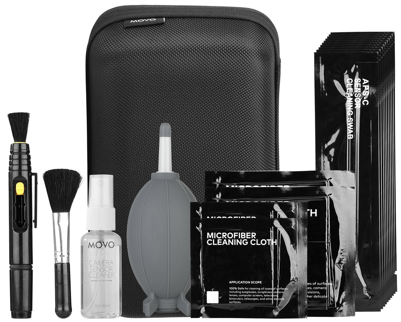 Movo Deluxe Essentials DSLR Camera Cleaning Kit with 10 APS-C Cleaning Swabs, Sensor Cleaning Fluid, Rocket Air Blower, Lens Pen, Soft Brush, 2X Small