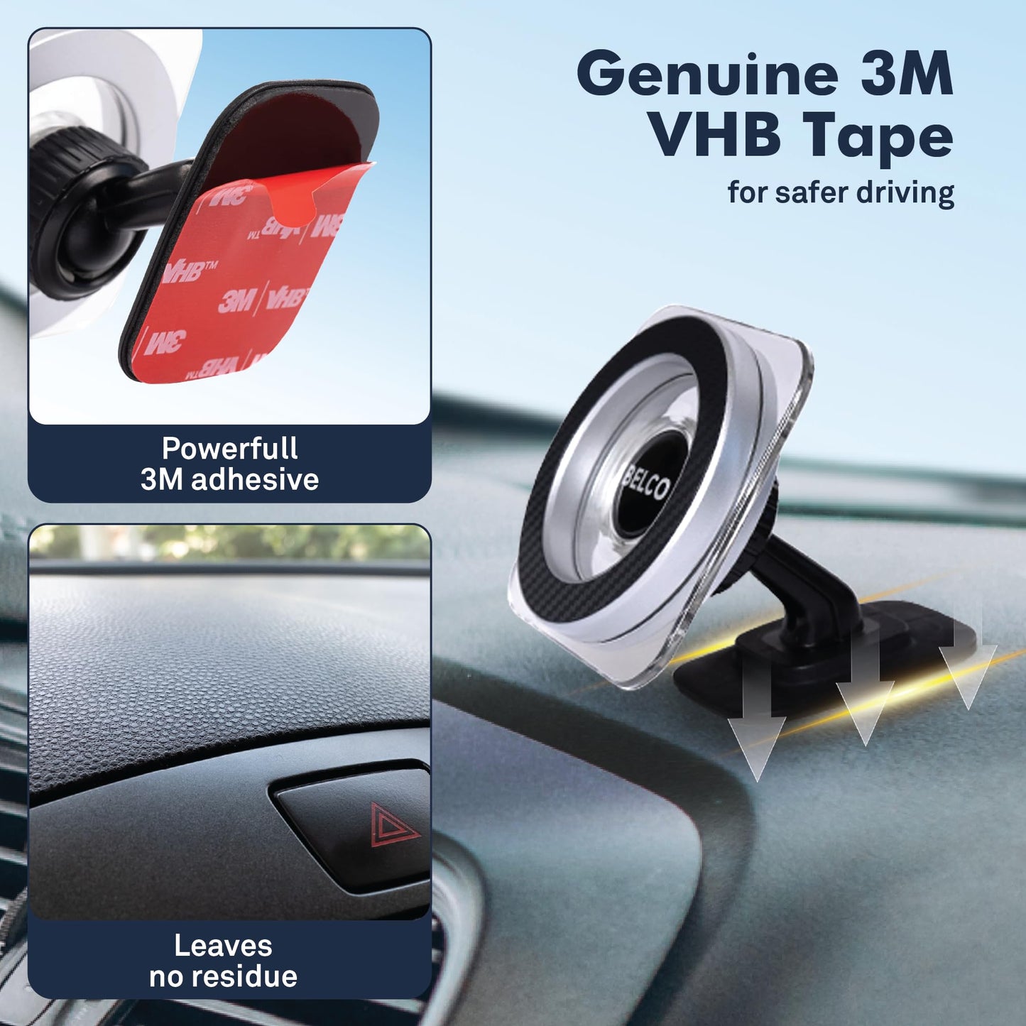 BELCO Magnetic Phone Holder for Car - Adhesive Car Phone Mount with 360-degree Rotation for Dashboard and Air Vent - Compatible with iPhone