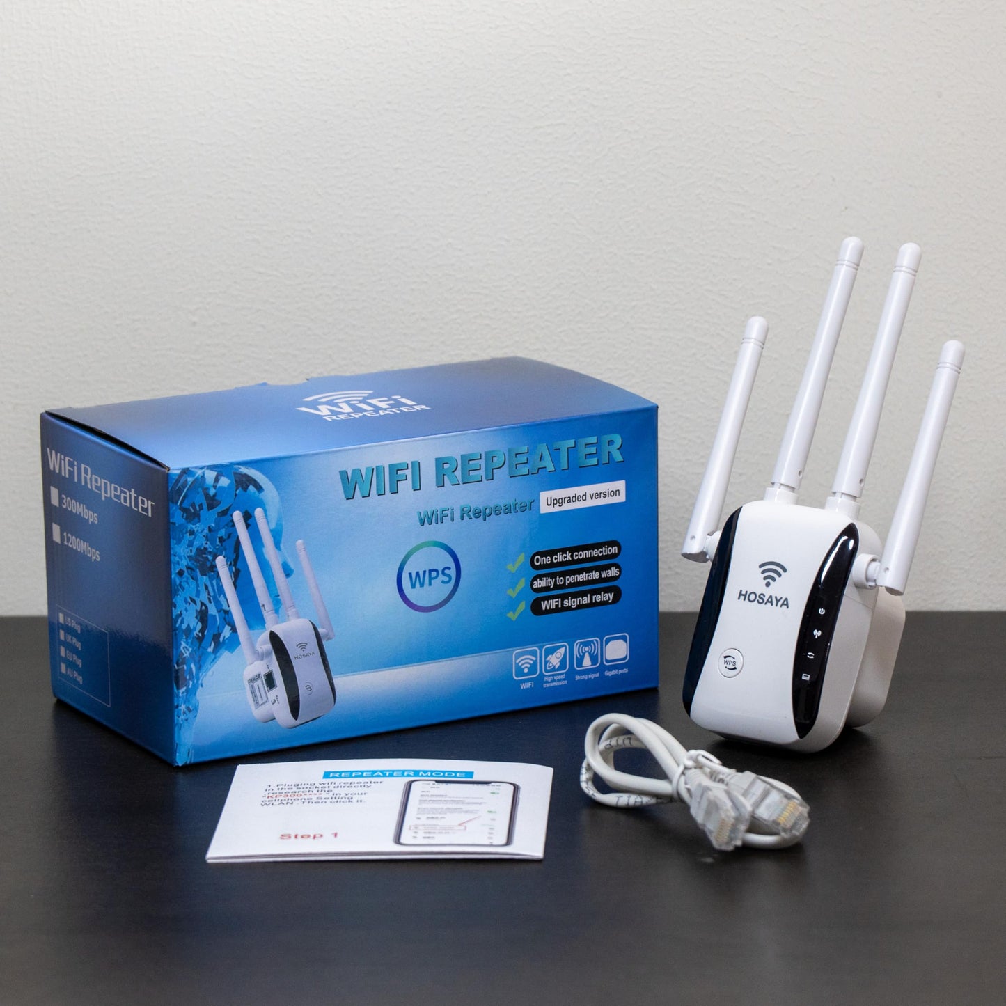 HOSAYA WiFi Extender WiFi Repeater Signal Booster for Area Up to 10000 sq.ft and 50 Devices, External Antenna x 4, RJ45 Port x 1,WPS,WiFi Amplifier