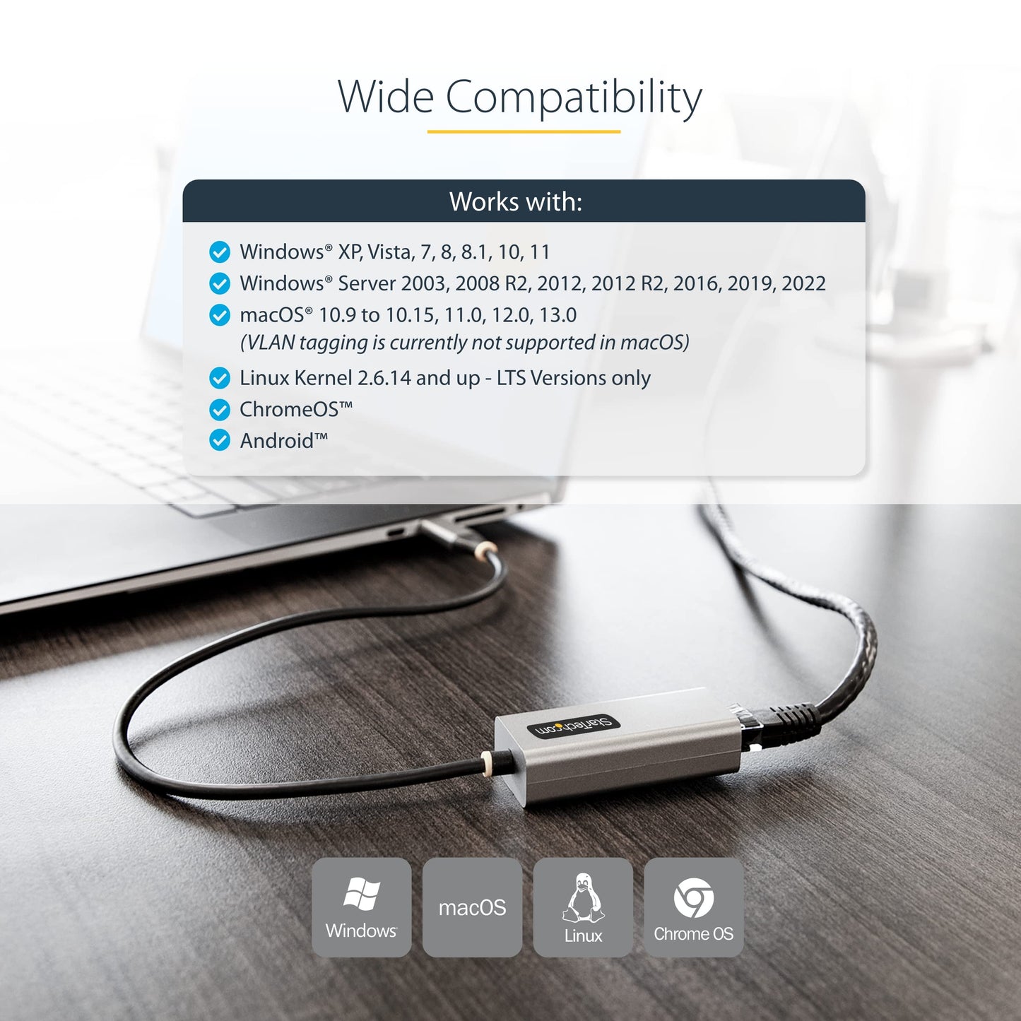 StarTech USB-C to Ethernet Adapter, 10/100/1000Mbps, 12in Attached Cable