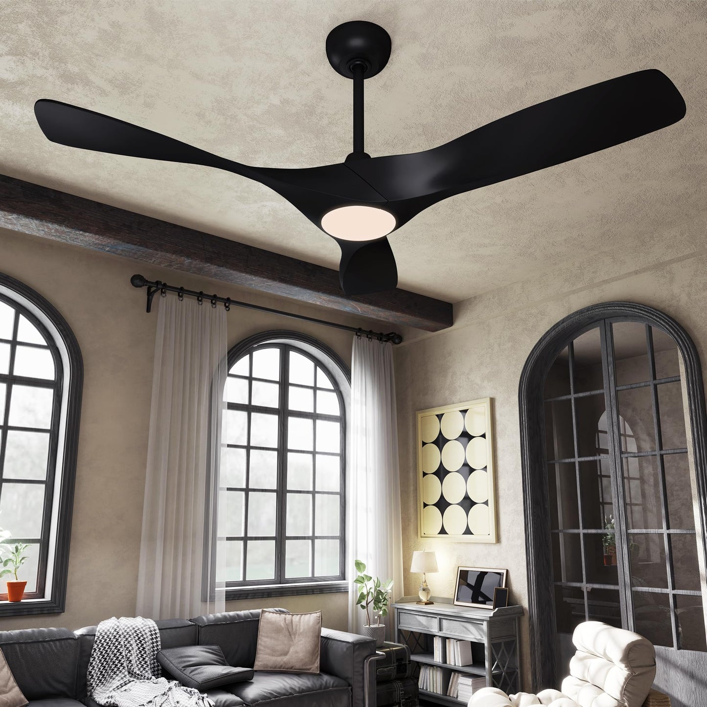 YITAHOME Black Ceiling Fan with Light, 52in Ceiling Fans with Remote for Patio, 3 Blade Ceiling Fans, 2 Downrods, 6 Speeds Reversible Noiseless DC