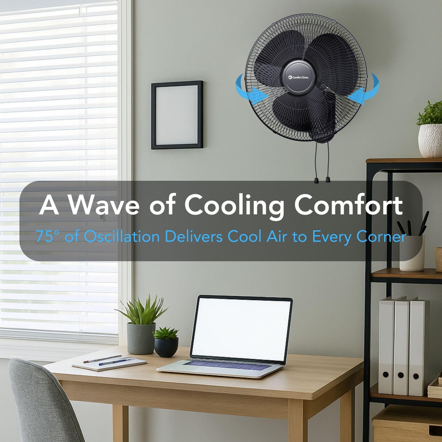 Comfort Zone 16-Inch Oscillating Wall Mount Fan - Quiet 3-Speed Indoor Fan with 60° Adjustable Tilt, Pull-Chain Control & Durable Metal Grille