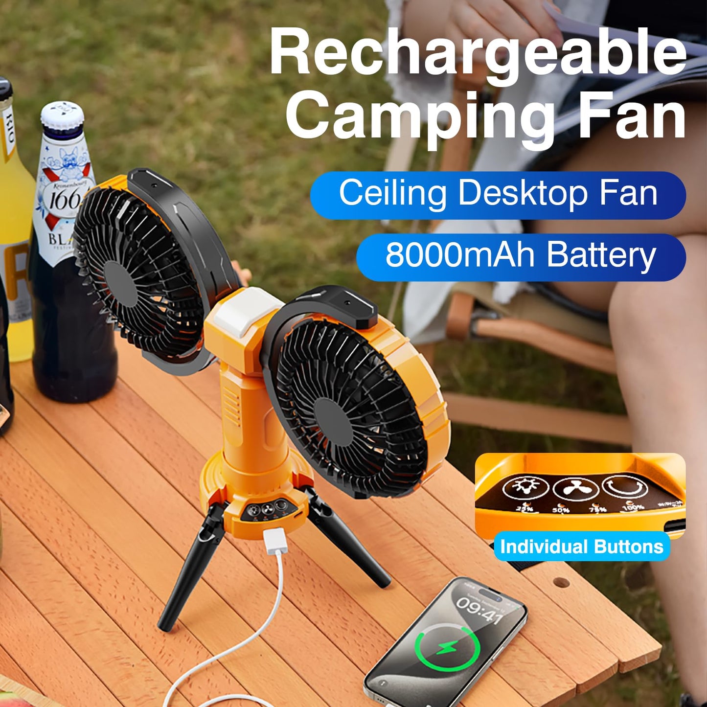 Nauttxon Oscillating Outdoor Camping Fan With Light Hanging Hook