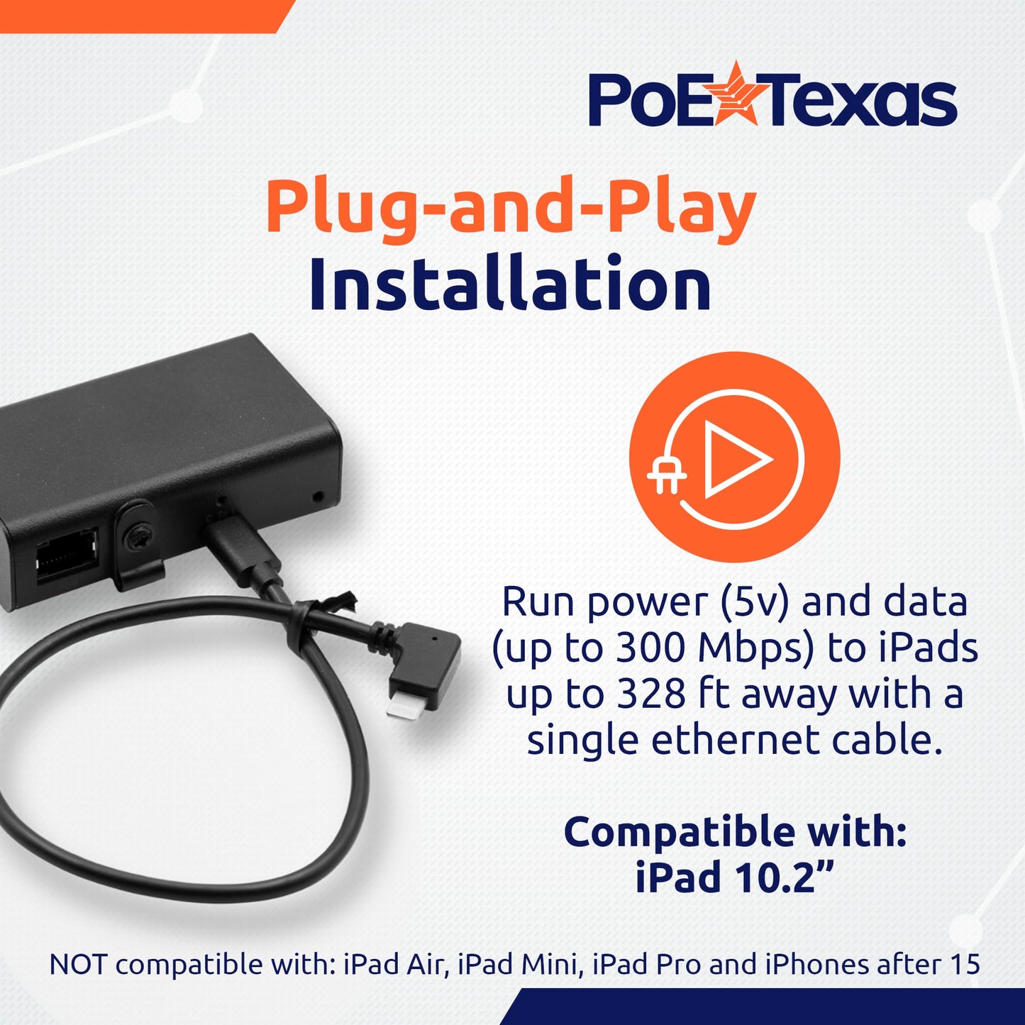 PoE Texas 802.3af Ethernet to Lightning Adapter, 5V 10W