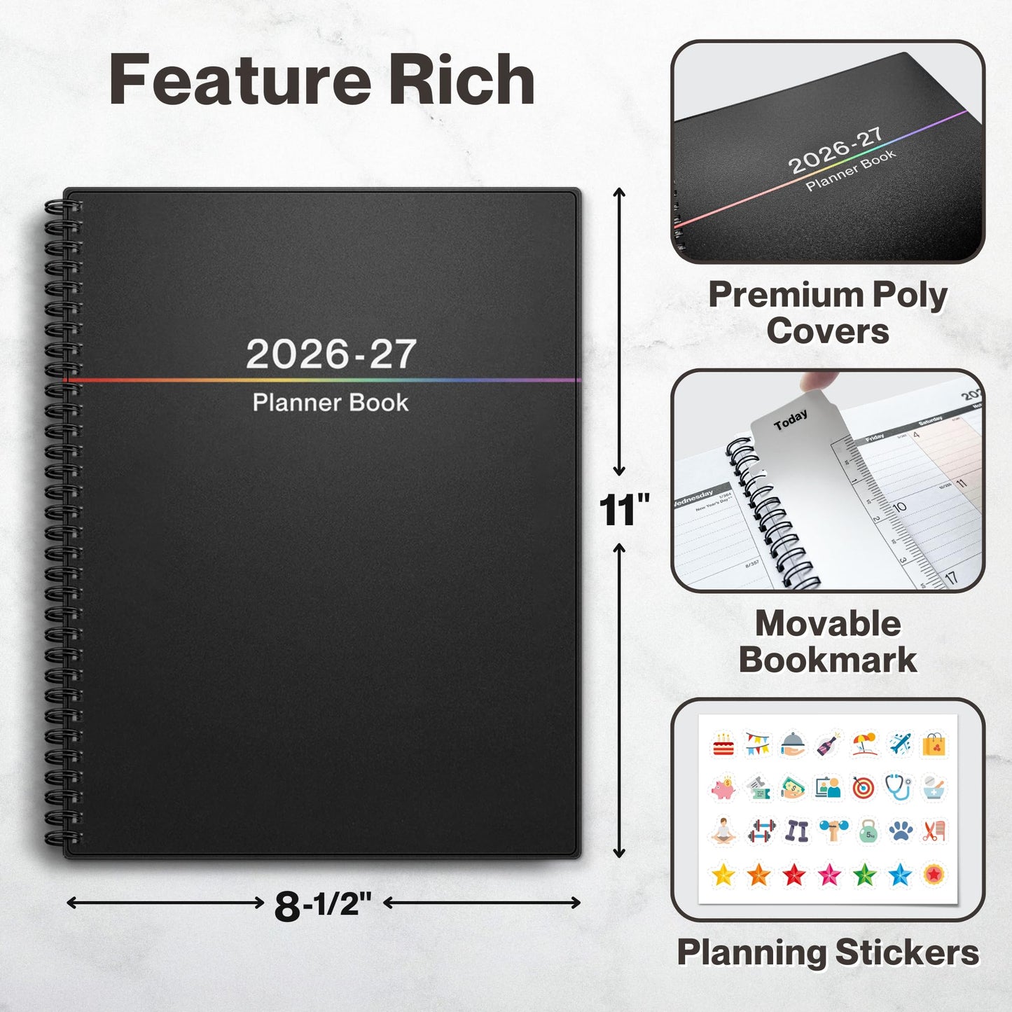 Dunwell Planner 2026-2027 8.5x11, July 2026 to June 2027, Weekly and Monthly Academic Year Planner Calendar, Flexible Cover, Wirebound, Laminated Tabs