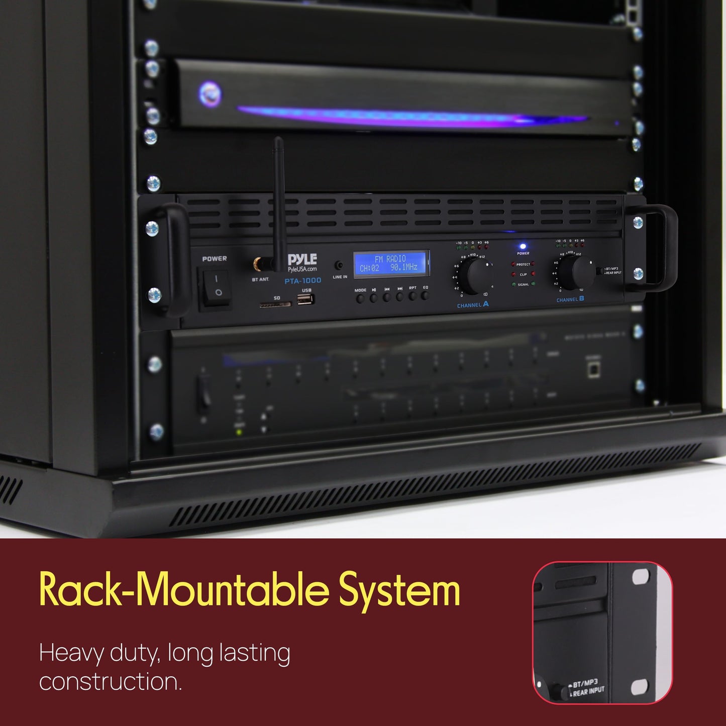Pyle 2-Channel Rack Mount Power Amplifier with Bluetooth - 2000W Bridgeable with TRS XLR Input, Speakon Outputs, USB-A Input with MP3 Player, Bridge