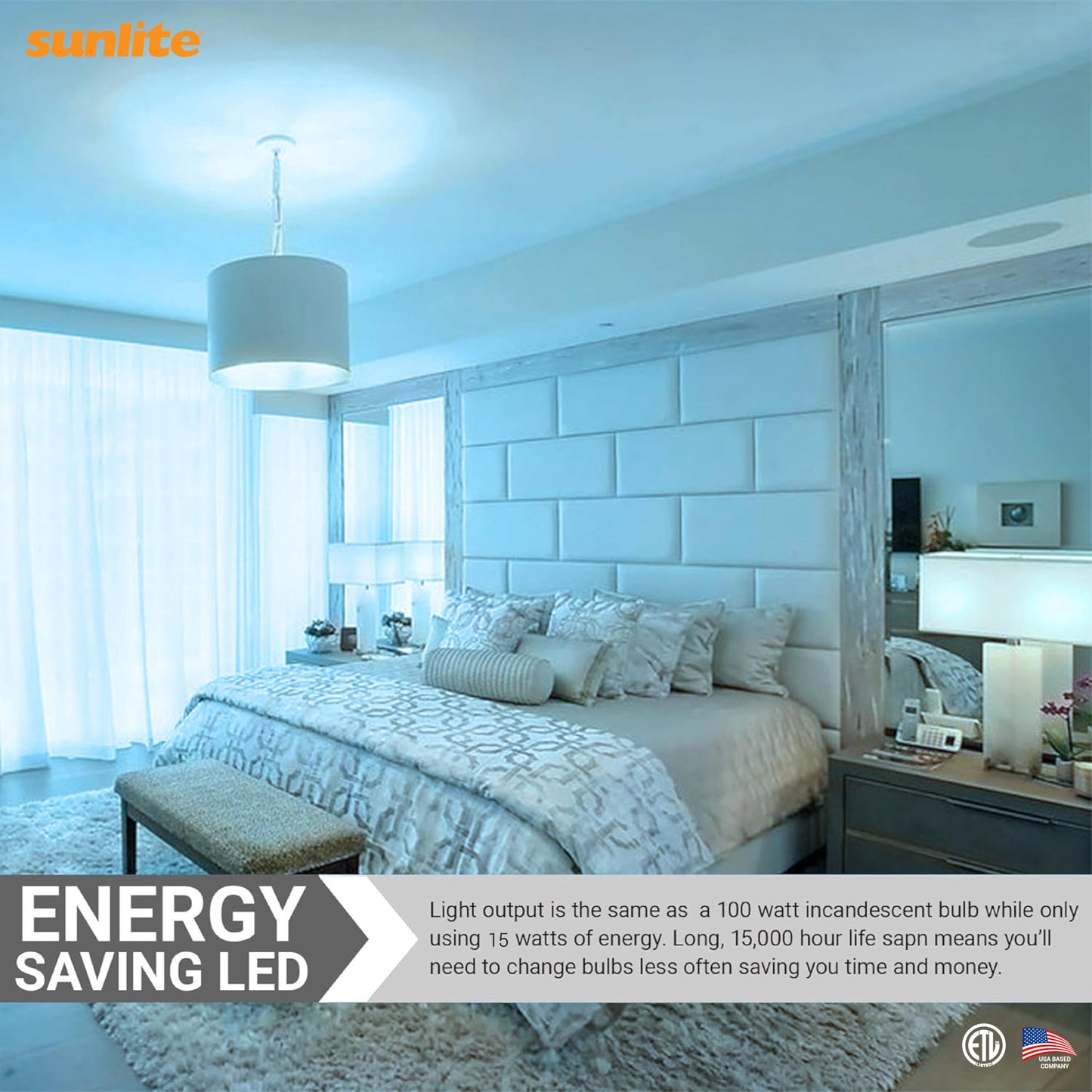 Sunlite 80939-SU LED A19 Light Bulbs, 15 Watts (100W Equivalent), 1500 Lumens, Medium Base (E26), Non-Dimmable, ETL Listed, 6500K - Daylight