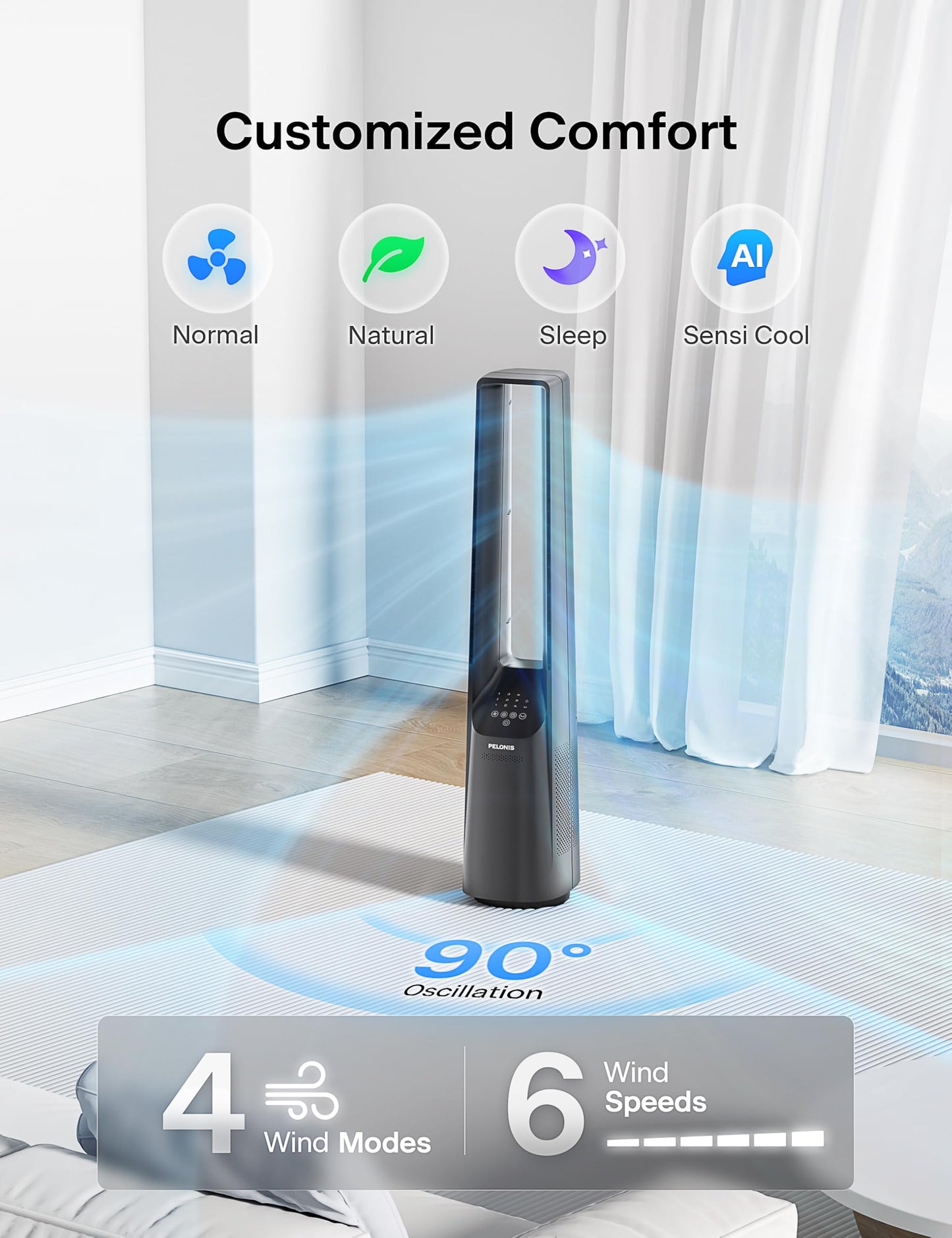 PELONIS 40" Bladeless Tower Fan with Powerful Airflow, Ultra-Quiet DC Motor (22 dB), 6 Speeds, 4 Modes, Remote Control, 7-Hour Timer, 90° Oscillation