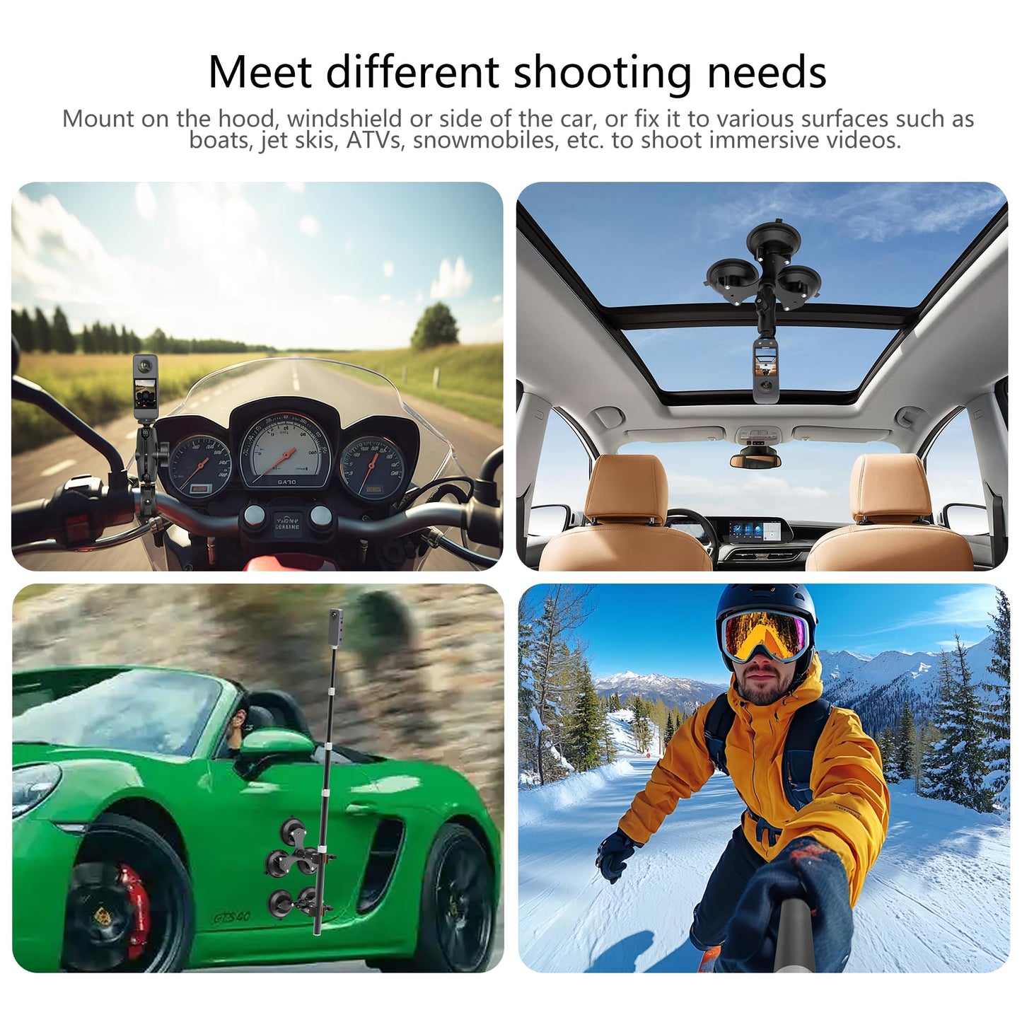 Five Suction Cup Car Mount for Insta360 Car Mount, 5 in 1 Suction Action Camera Mount with Invisible Selfie Stick for Insta360 X5 X4 X3, GoPro, DJI