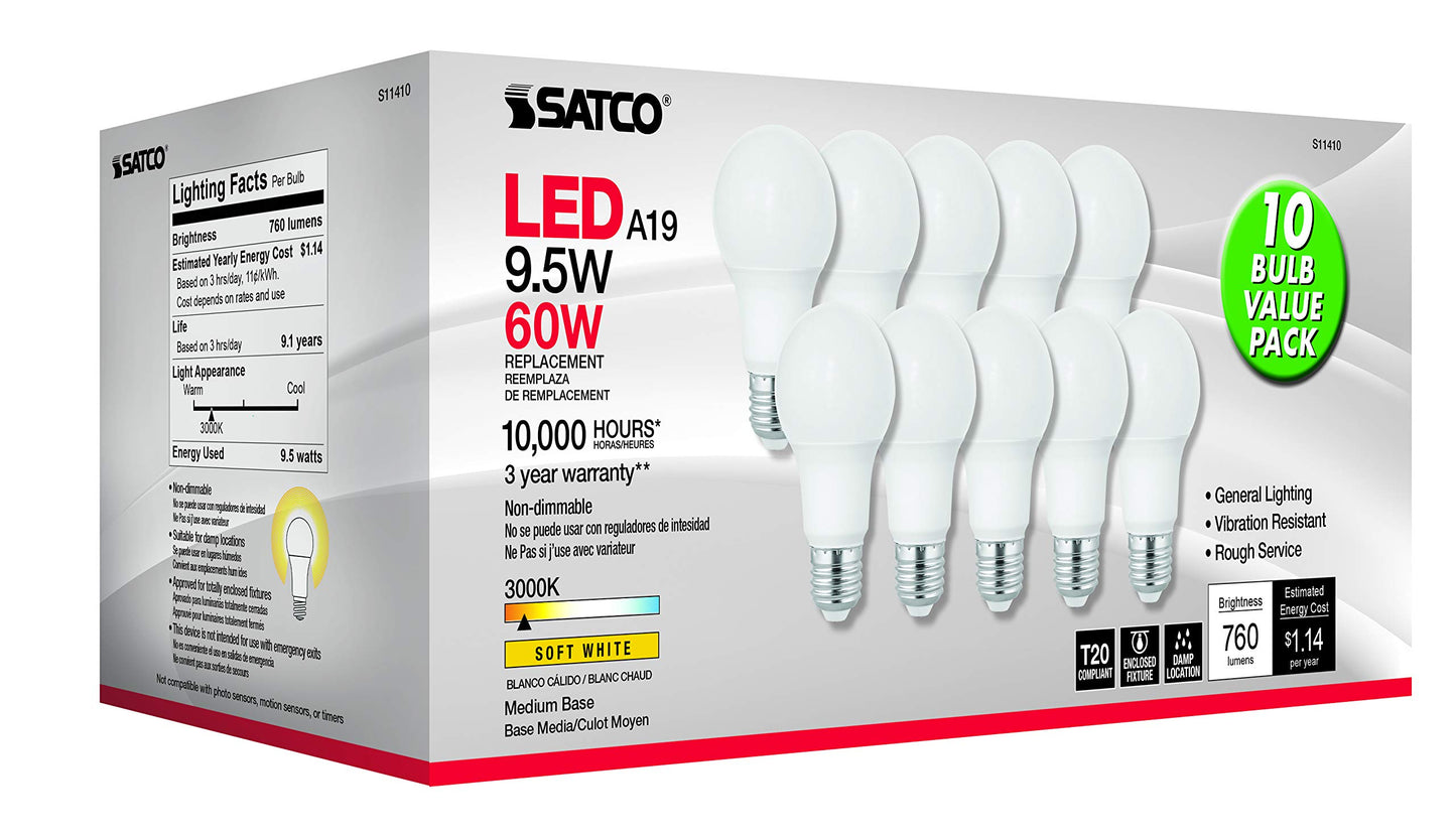 Satco S11410, A19 LED Light Bulbs, 60W Replacement, 3000K, 10-Pack