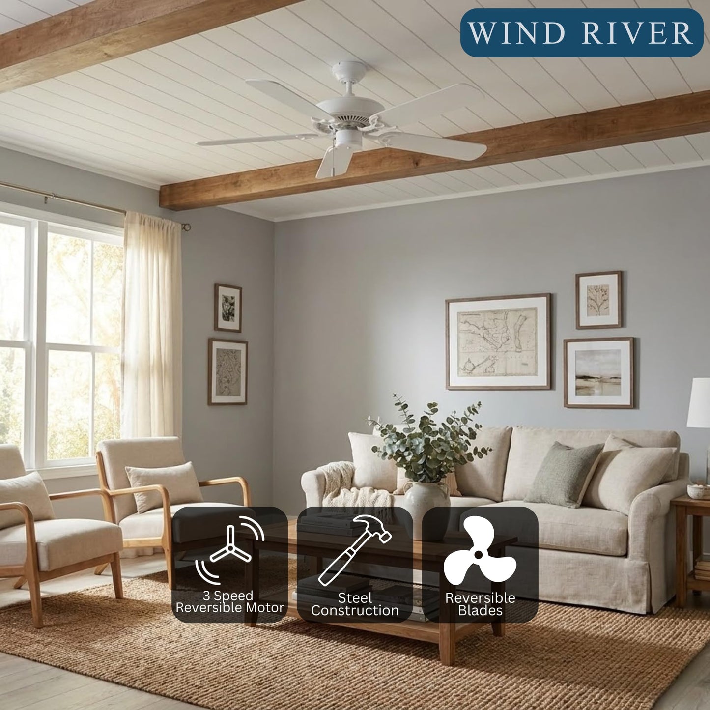 Wind River WR1472W Dalton 52 Inch Indoor Ceiling Fan | White Finish with White Blades | Pull Chain Control | 3 Speed AC Motor with Manual Reverse |