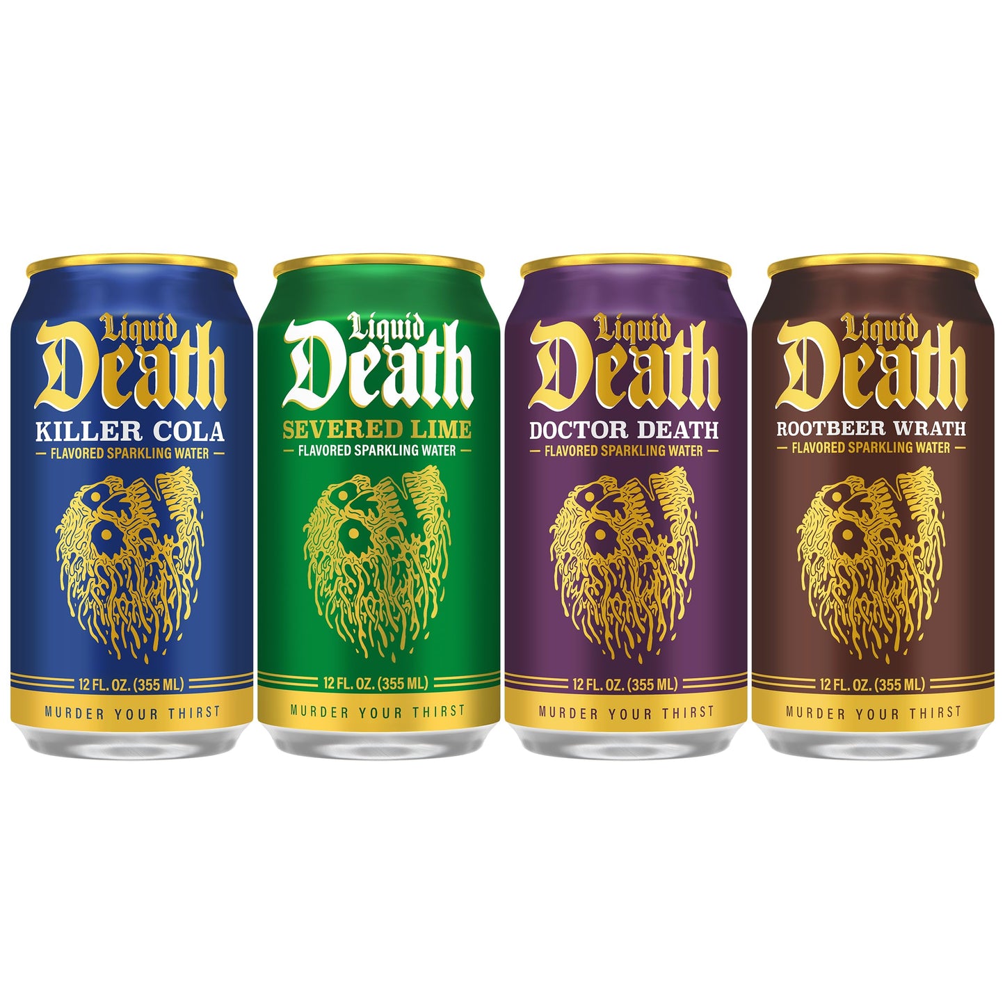 Liquid Death Soda-Flavored Sparkling Water - Classic Variety, Less Sugar*, Huge Flavor, No Caffeine, No Artificial Sweeteners, 4 Flavors: Lime, Doctor Death, Cola, Root Beer, 12 Fl Oz (Pack of 12)