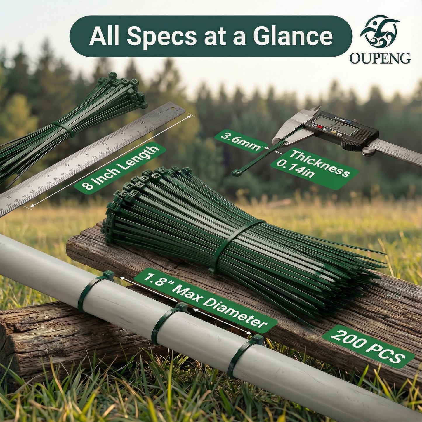 200PCS Nylon Zip Ties - 8 Inch Green,Multi-Purpose Self Locking Cable Ties,Ultra Strong Plastic Wire Ties with 40lb Tensile Strength,Cable Ties