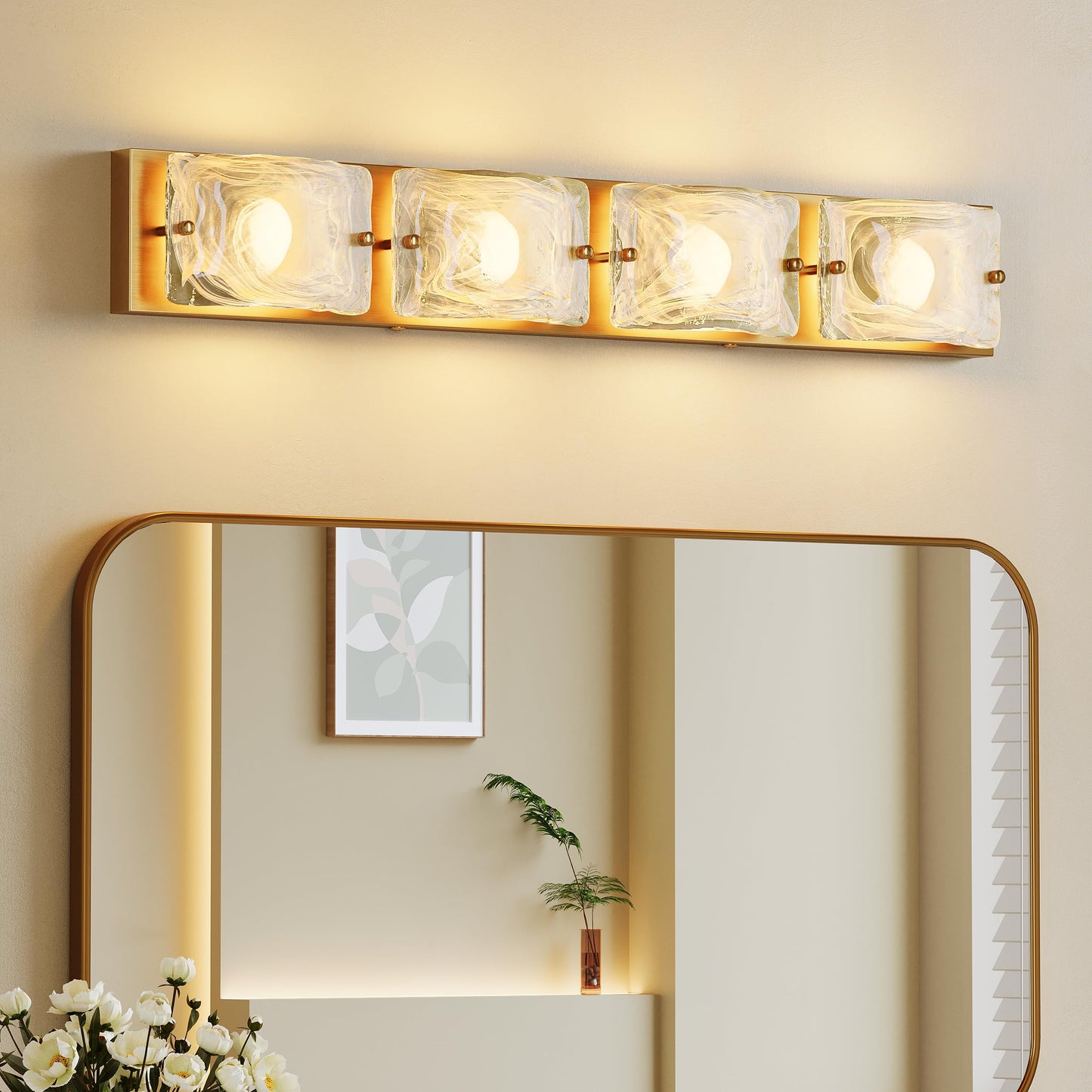 Tribesigns 4-Light Vanity Fixtures, Curved Cloud Glass Lampshades Gold Copper Plate, Modern Bathroom Wall Lighting Fixtures Over Mirror, 3CCT LED