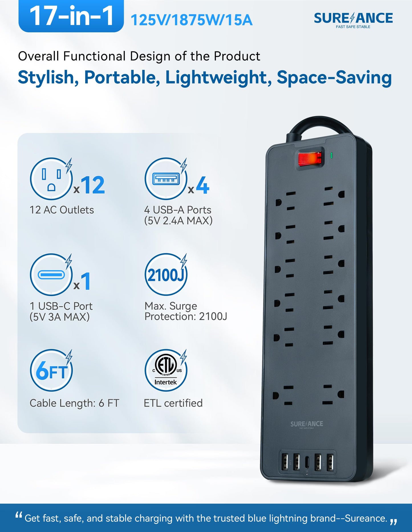 Surge Protector Power Strip - SUREANCE 12 Outlets Surge Protector Outlet Extender with 5 USB Ports, 6FT Flat Plug Extension Cord, 2100J, Mountable