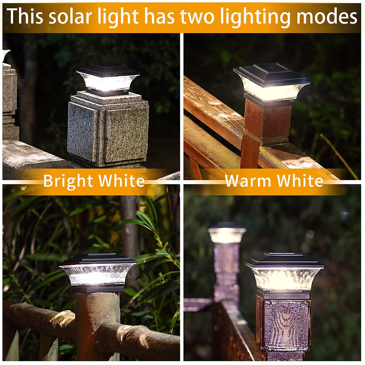 HUYIENO Solar Cap Lights Outdoor LED Lighting Deck Fence Two Light Modes Warm White/Bright White Suitable for 4x4 Wooden Posts Black 6PK