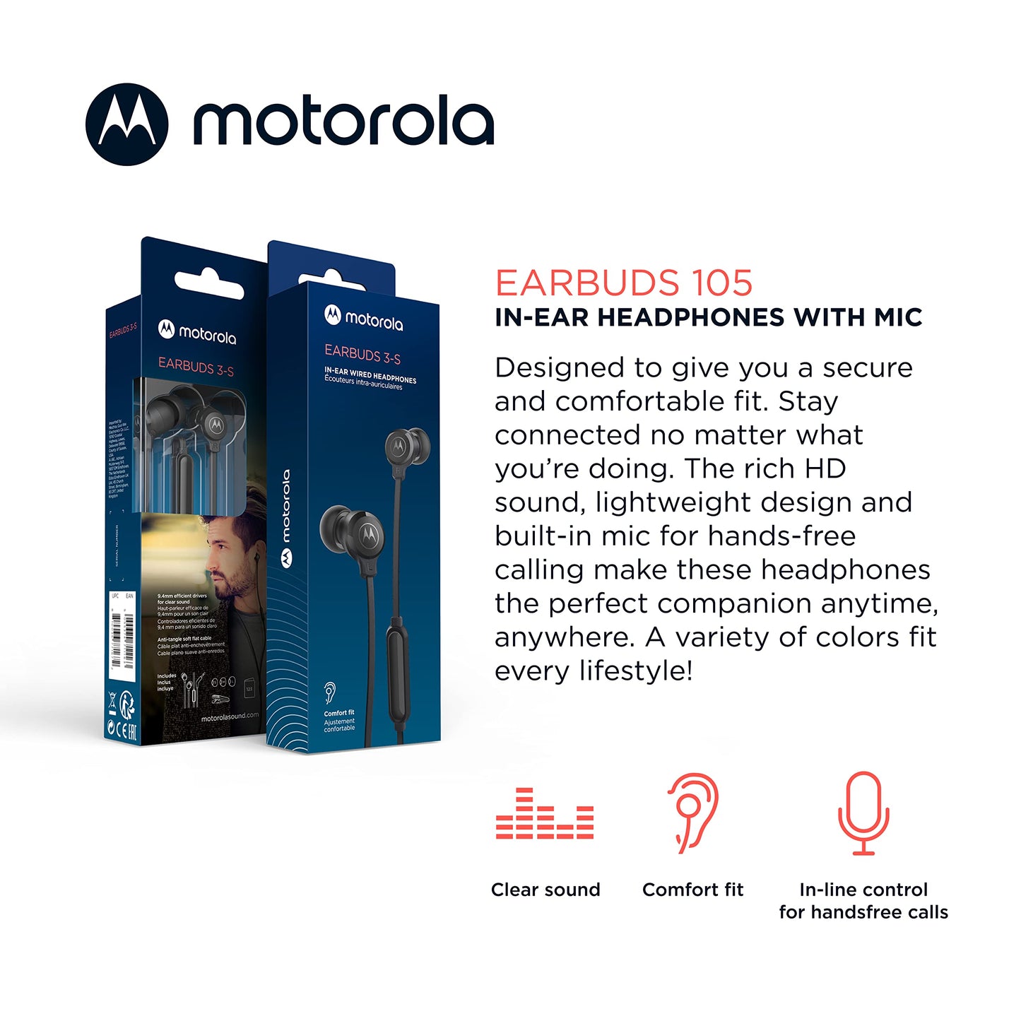 Motorola Wired Earbuds with Microphone - Earbuds 105 Corded in-Ear Headphones, Control Button for Calls/Music, Comfortable Lightweight Easy-Grip Ear…