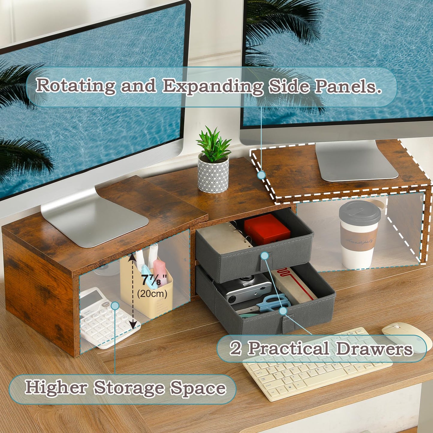 TEAMIX Dual Monitor Stand Riser with 2 Drawers - Length and Angle Adjustable 3 Shelf Monitor Riser with Storage Desk Organizer Large Monitor Stand