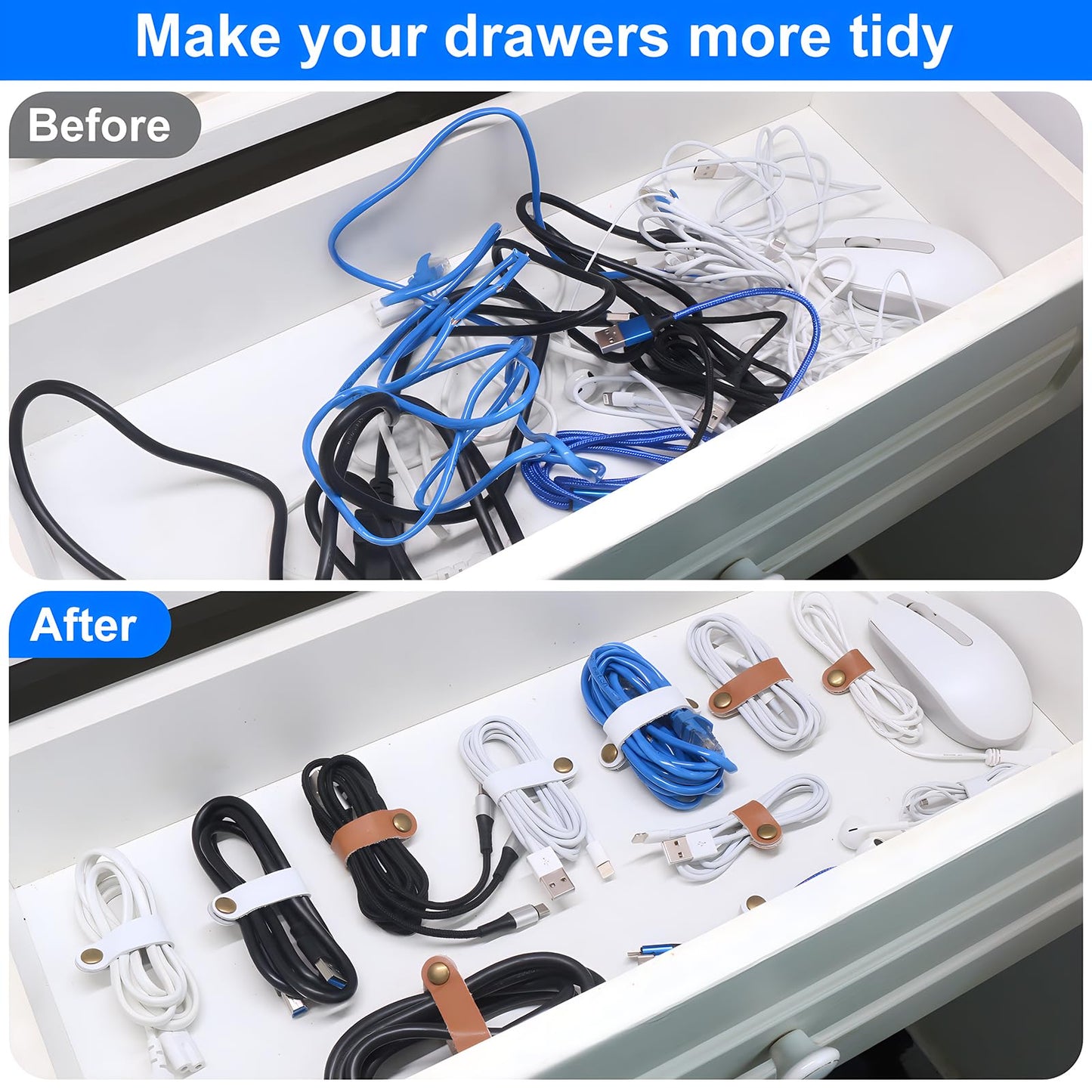 Coideal Leather Cable Ties Organizer, 20 Pcs Earphone Cable Straps Reusable USB Cord Keeper with Snap Cord Clips Holder for Phone (Short + Long