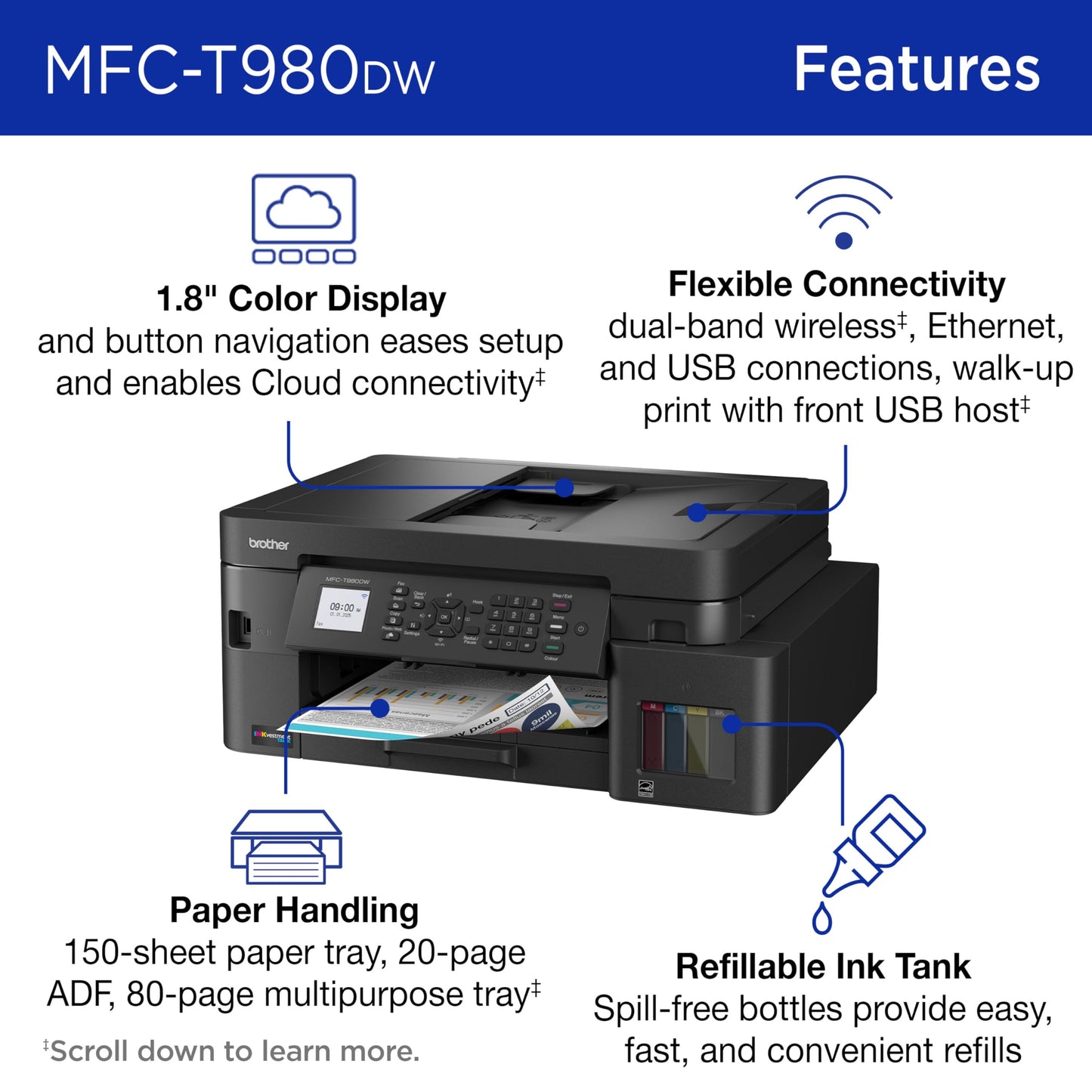 Brother INKvestment Tank 980 Wireless and Ethernet Color Inkjet All-in-One Printer with Multipurpose Tray | Includes up to 3 Years of Ink in-Box(1)