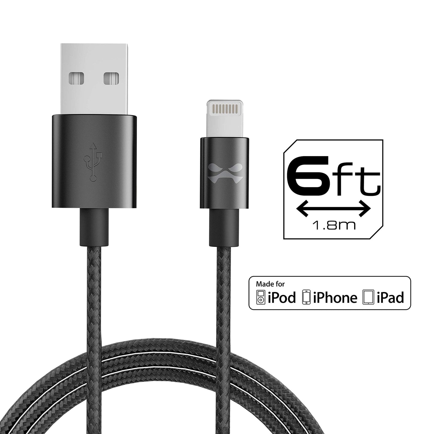 Ghostek NRGline 6FT Lightning Cable MFI Certified Charger Durable Nylon Braided - Black