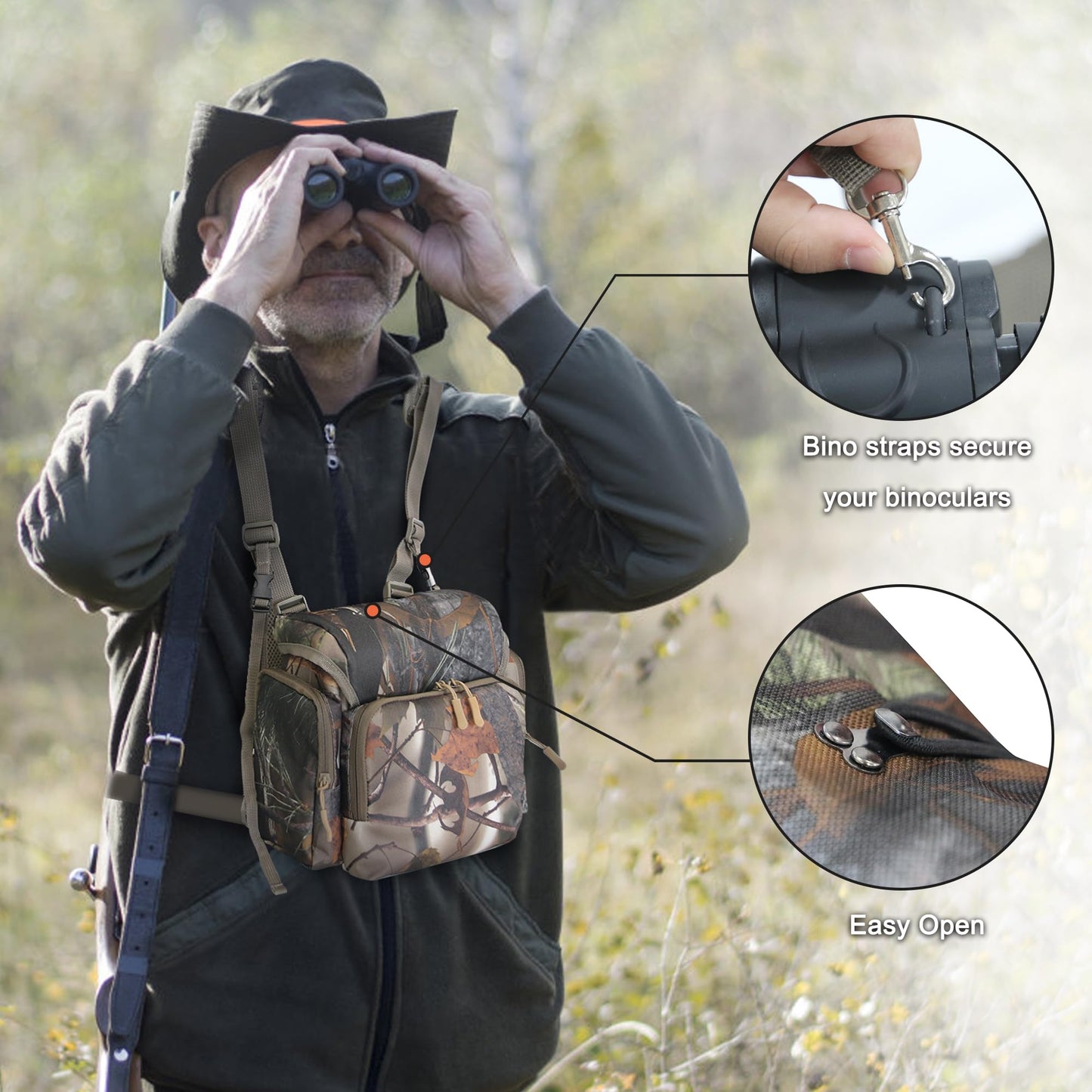 MDSTOP Binocular Harness Chest Pack, Bino Case with Rangefinder Pouch & Rain Cover, Bino Straps Secure Your Binoculars, Binocular Pack for Bird