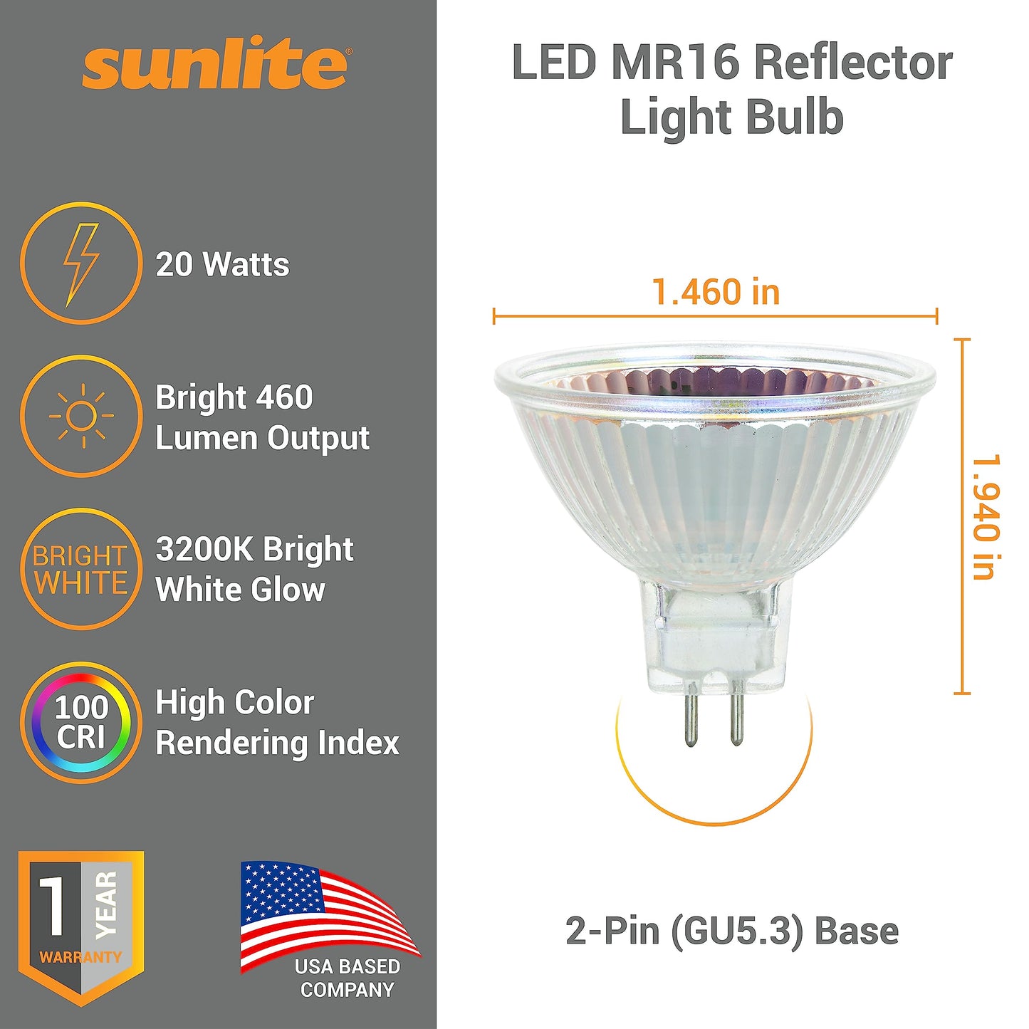 Sunlite 03200 LED MR16 Reflector Light Bulb, 20W, 460 Lm, 12V, GU5.3 2-Pin Base, 3200K Bright White, 100 CRI, UV Protected, Dimmable, 600 CBCP, Open