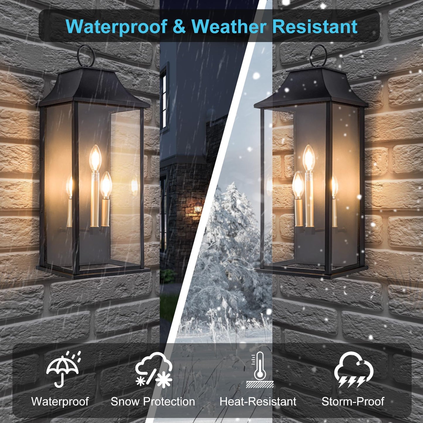 Lawyettle Dusk to Dawn Outdoor Wall Light 3-Light, 25.3" Large Outdoor Light Fixture, Black Exterior Wall Lantern, Waterproof Outside Wall Sconce