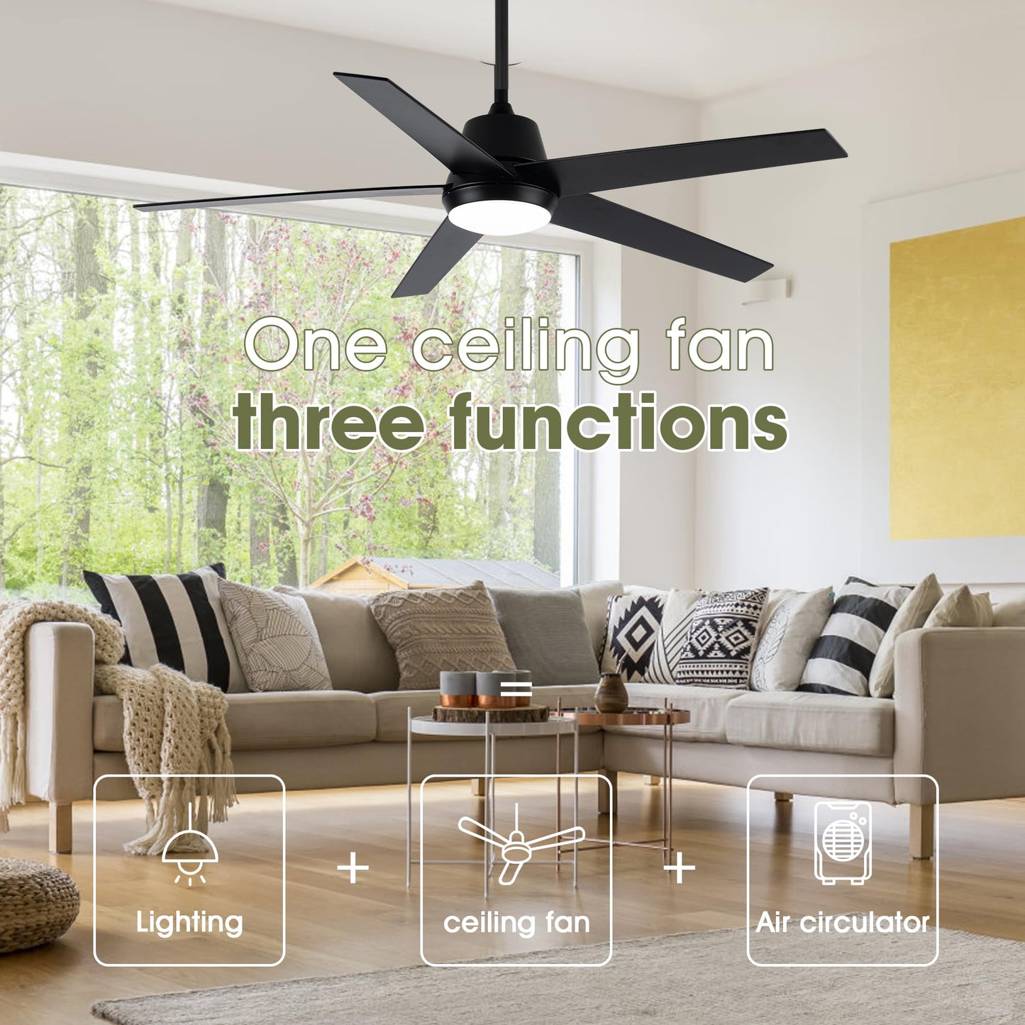 Vaczon 52" Black Ceiling Fan with Light, High Airflow DC Motor, Remote