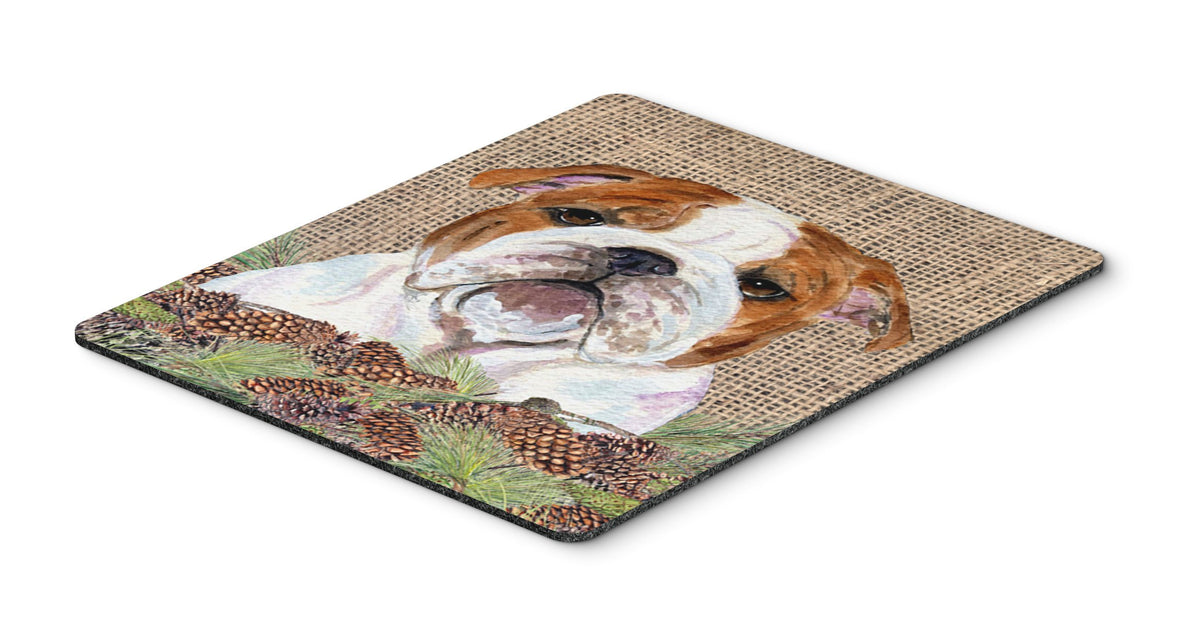 Caroline's Treasures SS4075MP Bulldog English on Faux Burlap with Pine Cones Mouse Pad, Hot Pad or Trivet for Home Office Gaming Working Computers