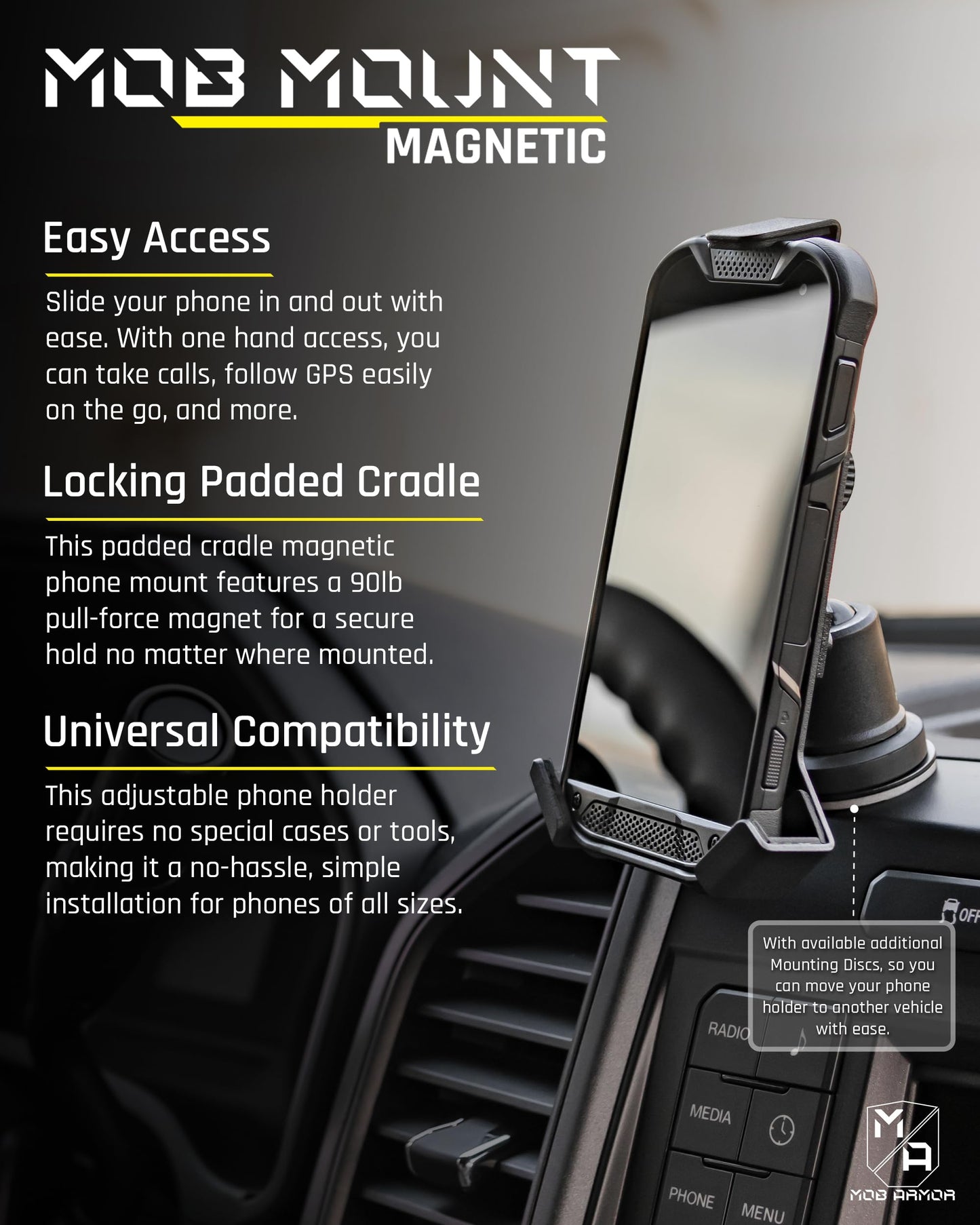 Mob Armor Universal Magnetic Car Phone Holder - Powerful Magnet Mount for iPhone & Android | Compatible with Trucks, Semis, Commercial & Off-Road