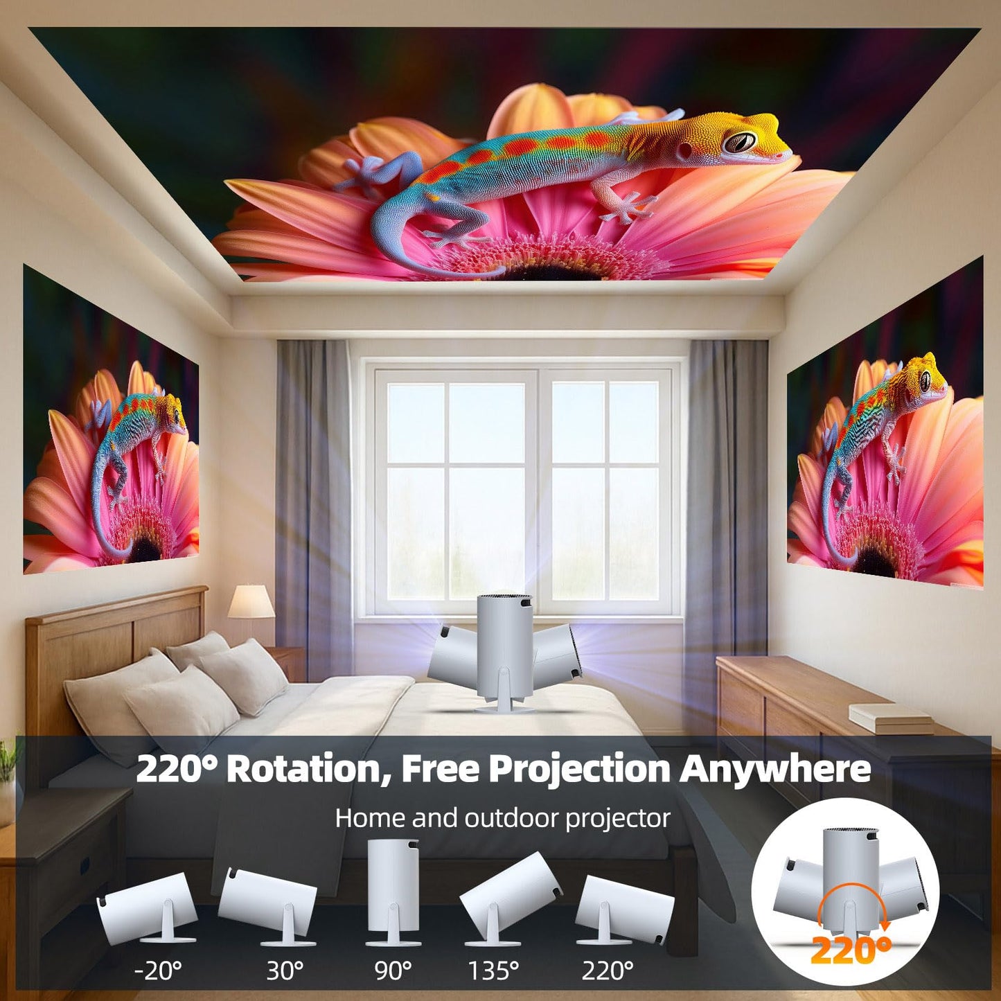 Mini Portable Projector with WiFi and Bluetooth, Movie Proyector Support 4K Built-in Apps 220° Rotation Auto Keystone Smart Projector for Bedroom