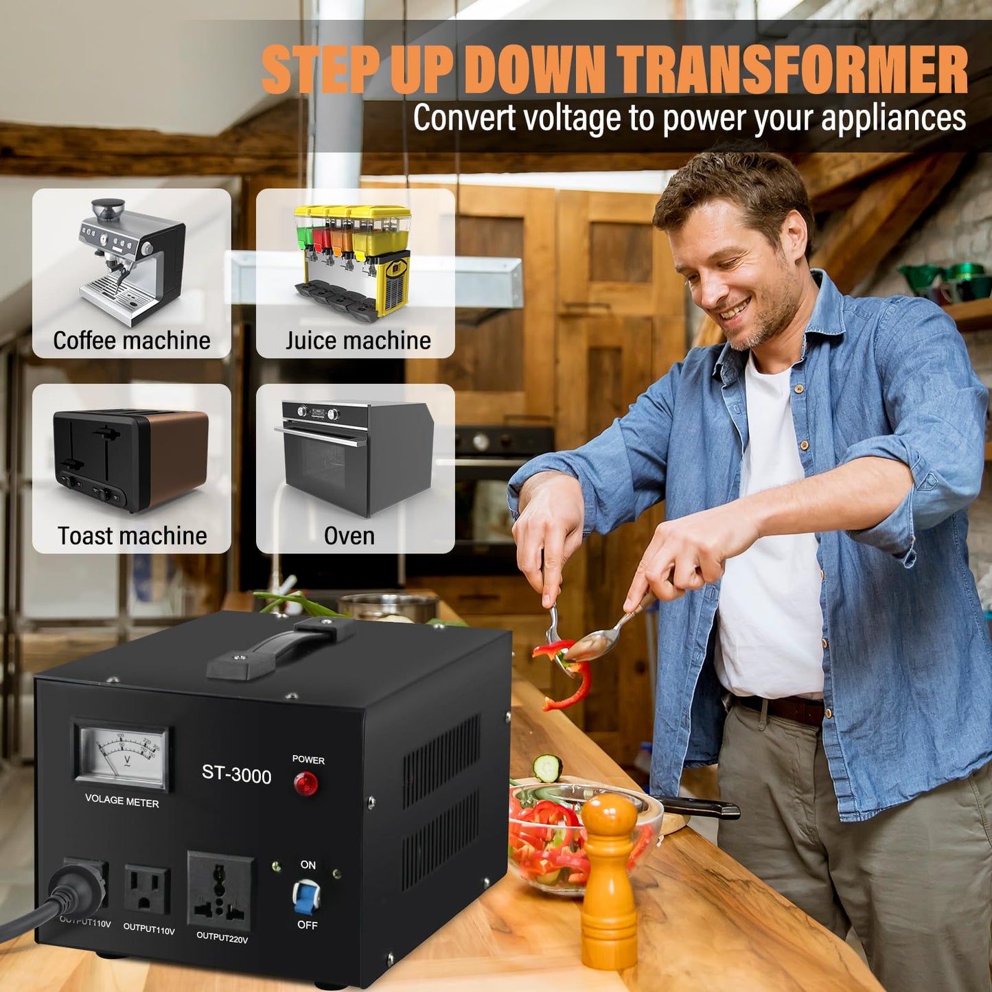 YaeCCC ST-3000 Voltage Transformer Converter Regulator with Voltage Meter - Step Up/Down - 110V/220V - Circuit Breaker Protection