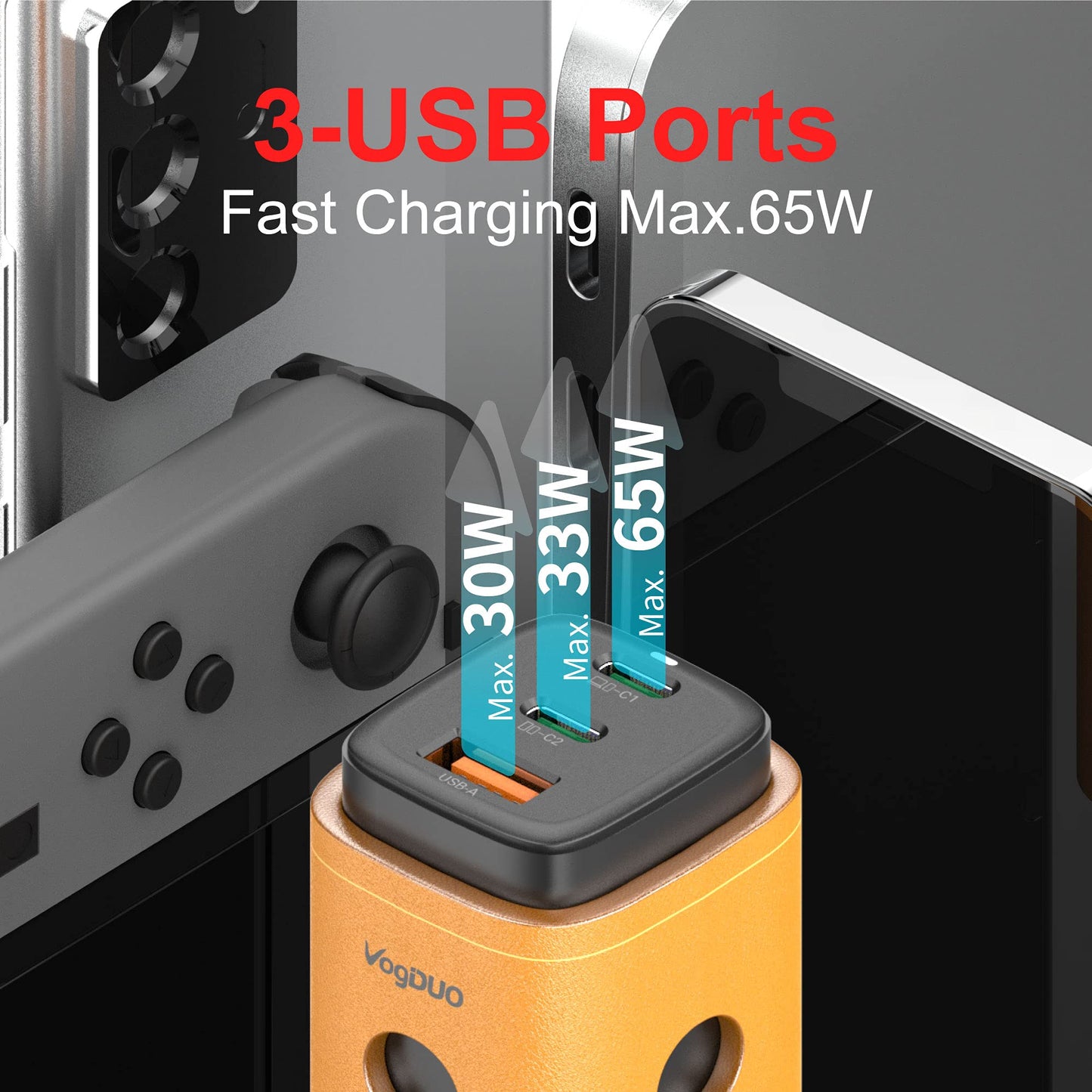 VogDUO 65W USB C Wall Charger, 3 Port GaN PD Wall Charger, Foldable Plug, Genuine Leather Design, Compatible with iPad Pro/Air/Mini, iPhone