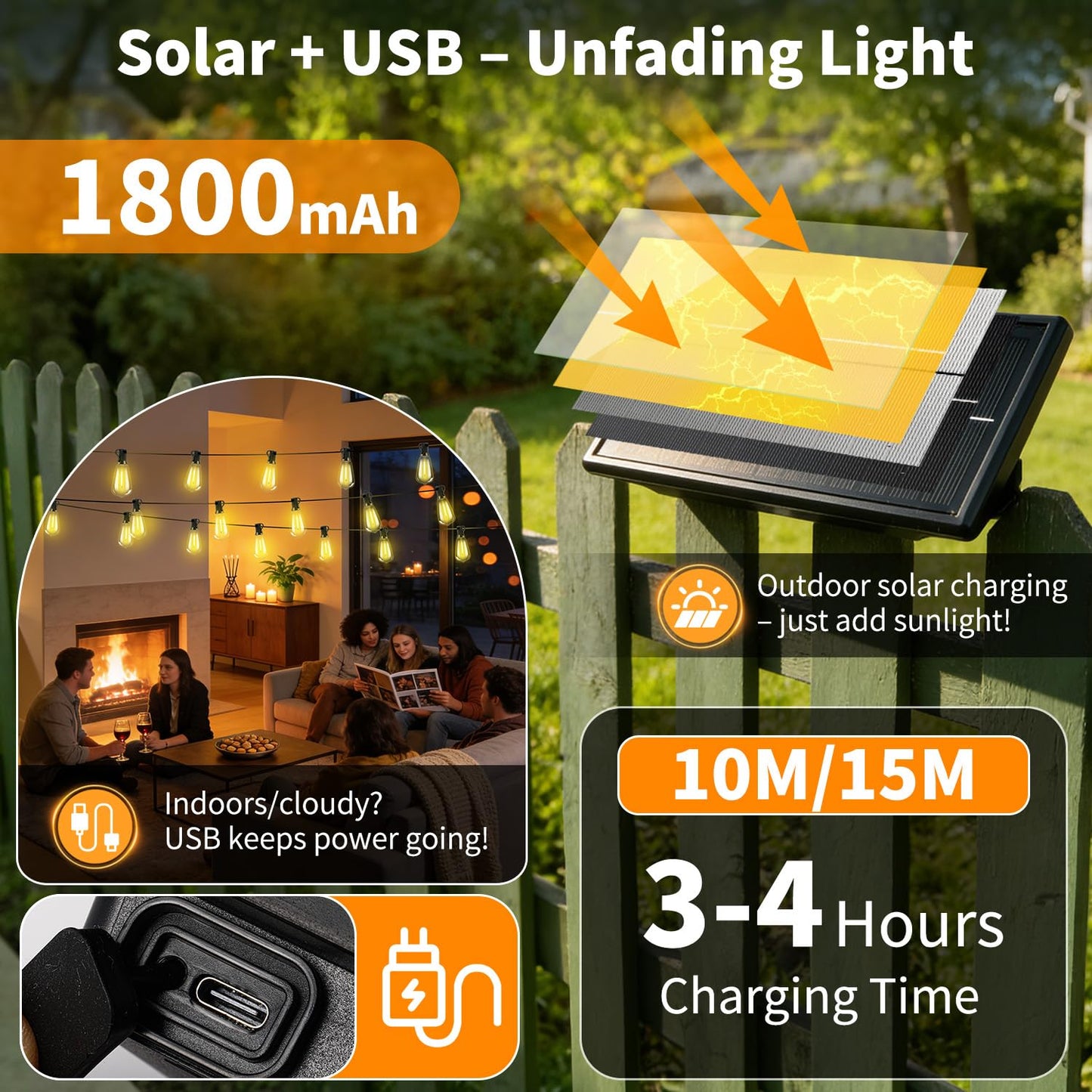 FUANXIEI Outdoor Solar String Lights Waterproof: ST38 50ft Shatterproof Patio Lights - Solar Powered & USB Dual Charging - 3 Modes Button Control