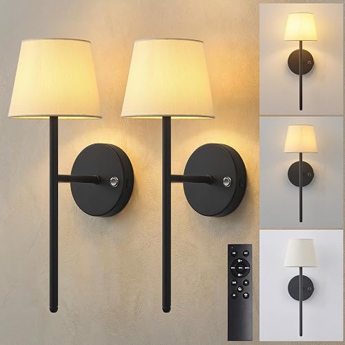 NEWSEE Battery Operated Wall Sconce Set of 2, Small LED Rechargeable Wall Lights with Remote, 5200mAh Dimmable Fabric Shade Cordless Wall Lamp