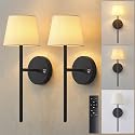 NEWSEE Battery Operated Wall Sconce Set of 2, Small LED Rechargeable Wall Lights with Remote, 5200mAh Dimmable Fabric Shade Cordless Wall Lamp